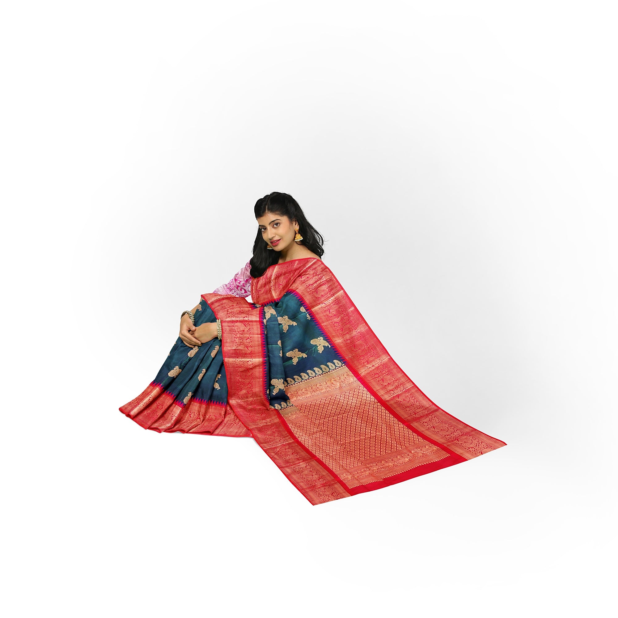 Peacock Blue Kanjivaram Silk Saree with Radium Pink Temple Border – Pure Handloom Bridal Saree Online - New Sudarshan Silks`