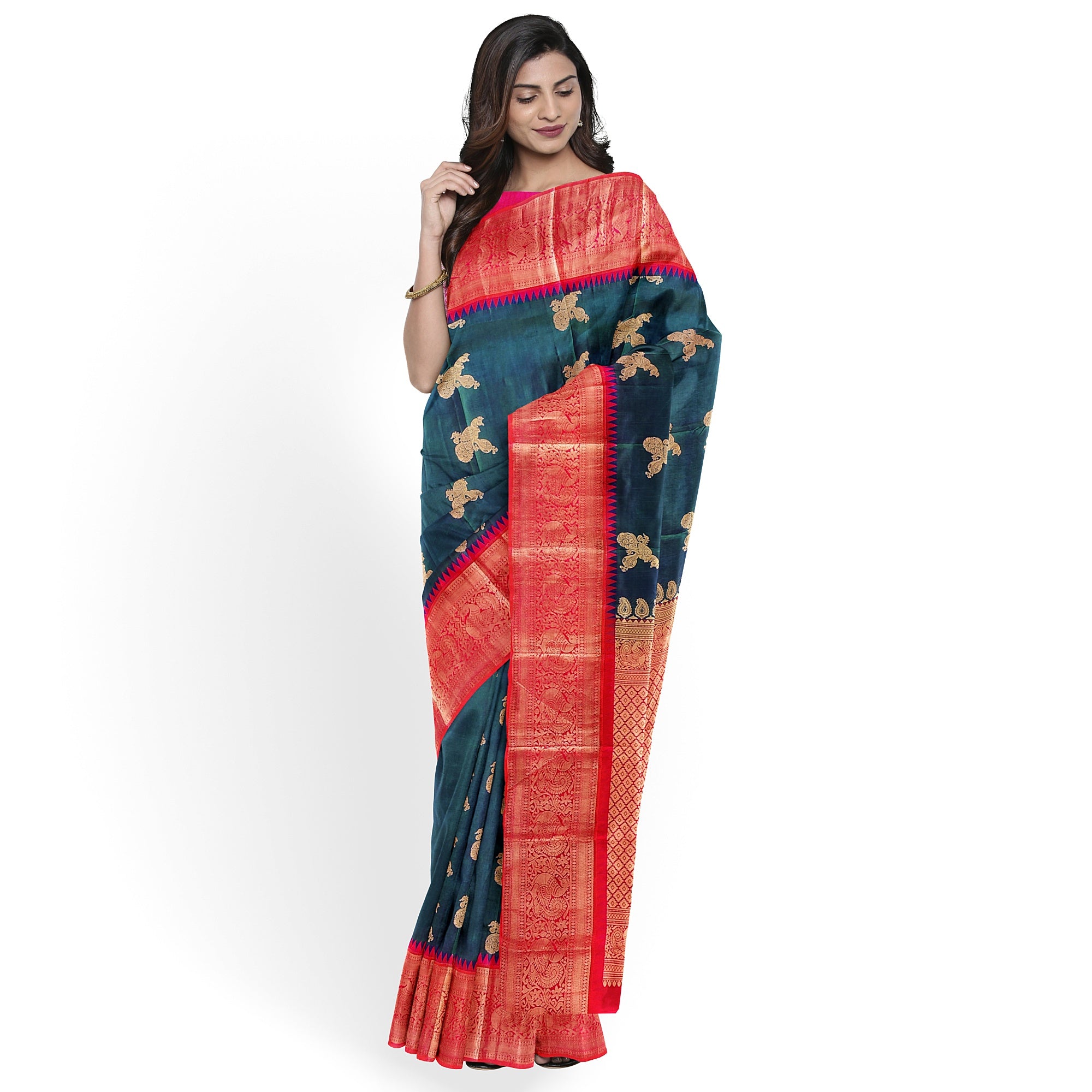 Peacock Blue Kanjivaram Silk Saree with Radium Pink Temple Border – Pure Handloom Bridal Saree Online - New Sudarshan Silks`