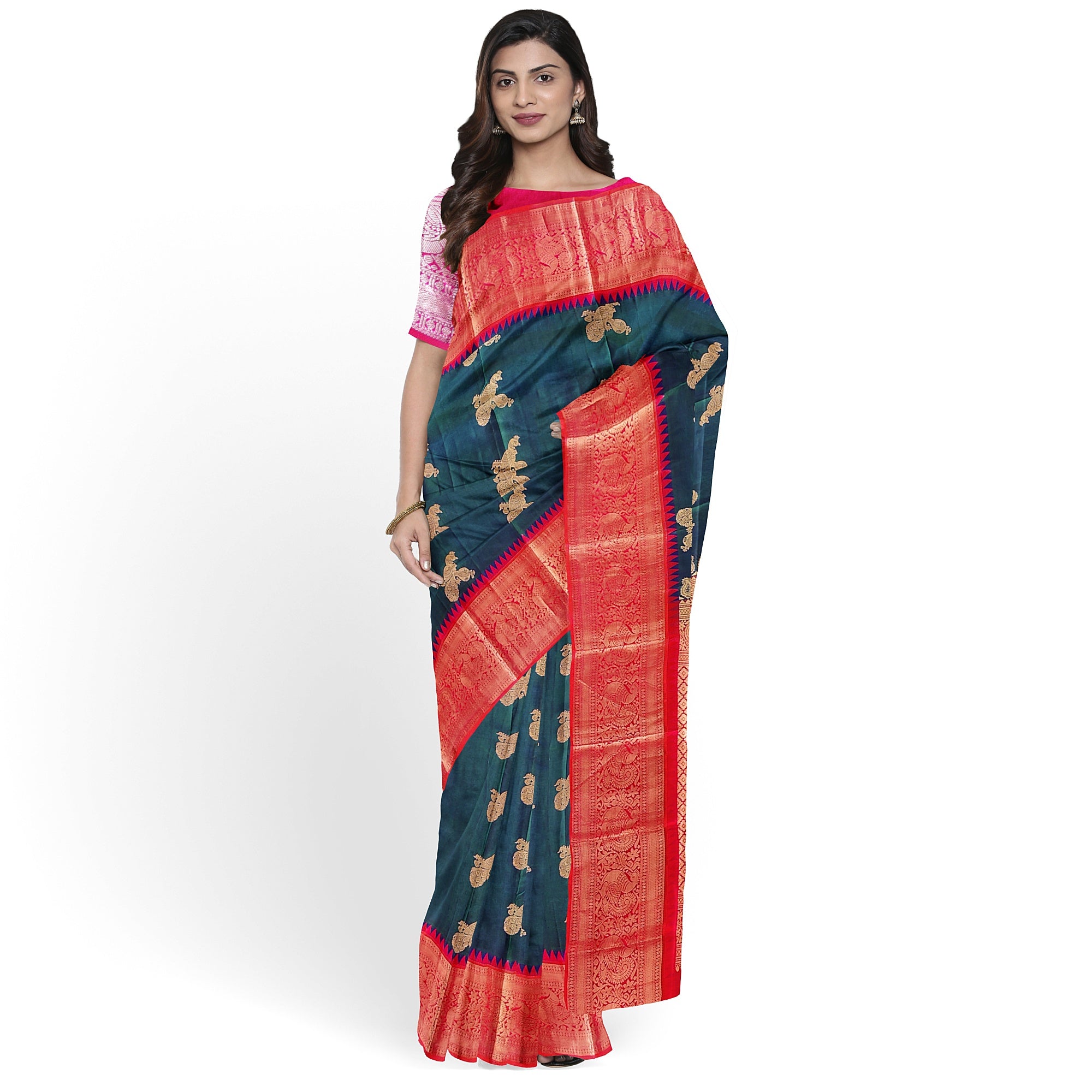 Peacock Blue Kanjivaram Silk Saree with Radium Pink Temple Border – Pure Handloom Bridal Saree Online - New Sudarshan Silks`