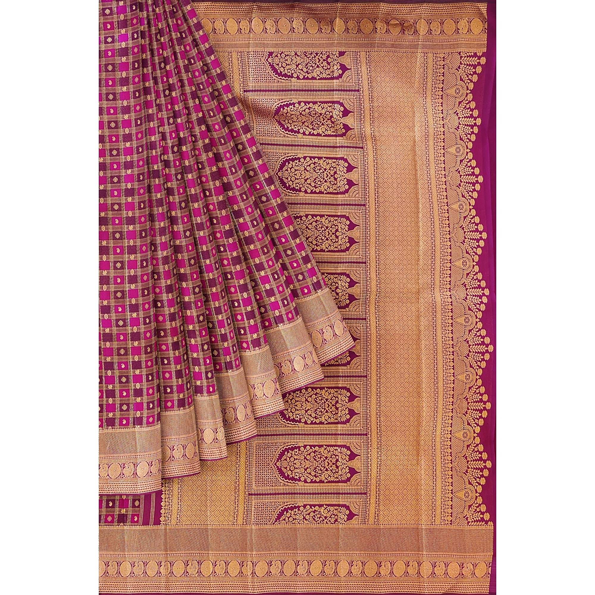 Double-Shade Wine Kanjivaram Silk Saree with Zari Checks – Classic Handloom Saree for Festive Wear Online - New Sudarshan Silks`