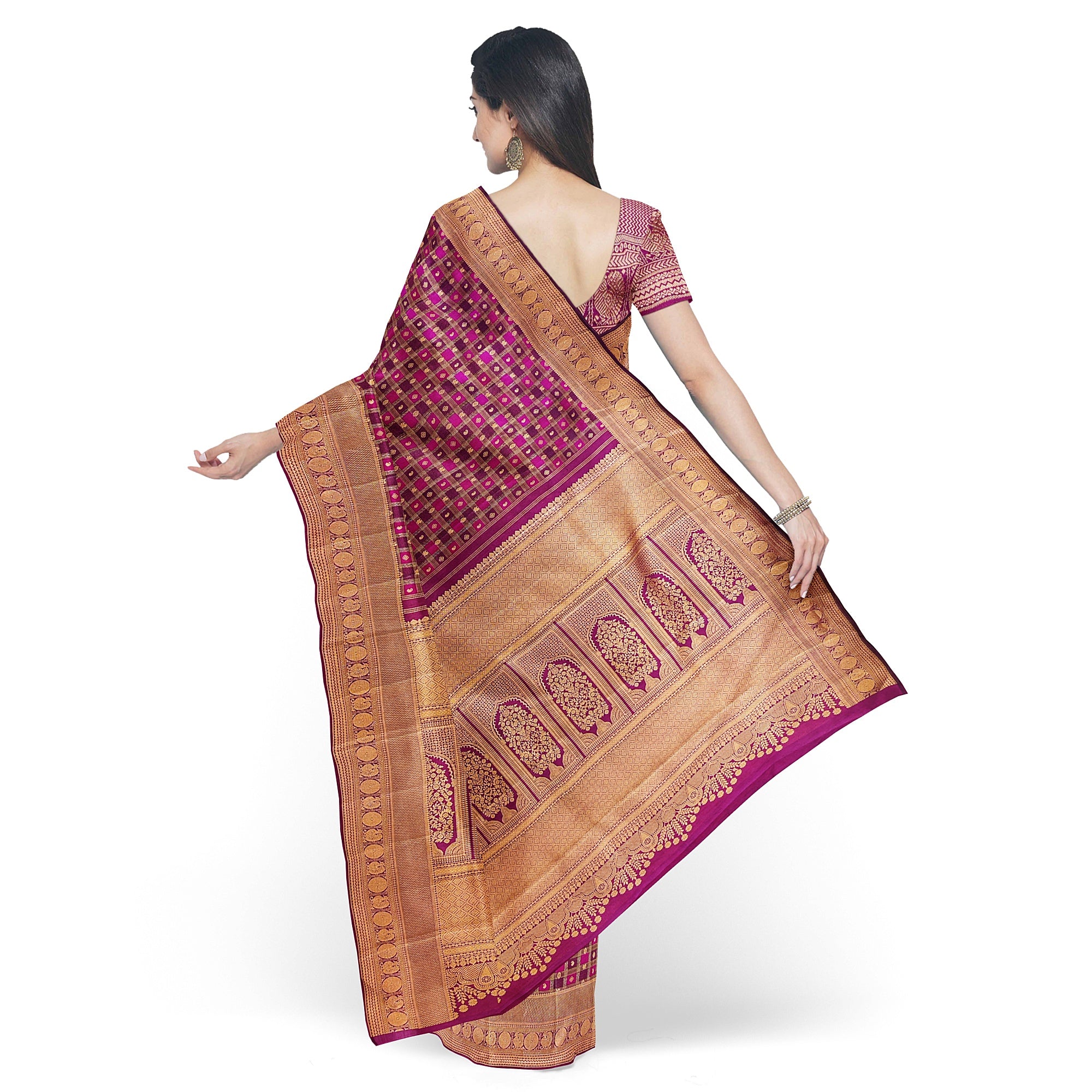 Double-Shade Wine Kanjivaram Silk Saree with Zari Checks – Classic Handloom Saree for Festive Wear Online - New Sudarshan Silks`