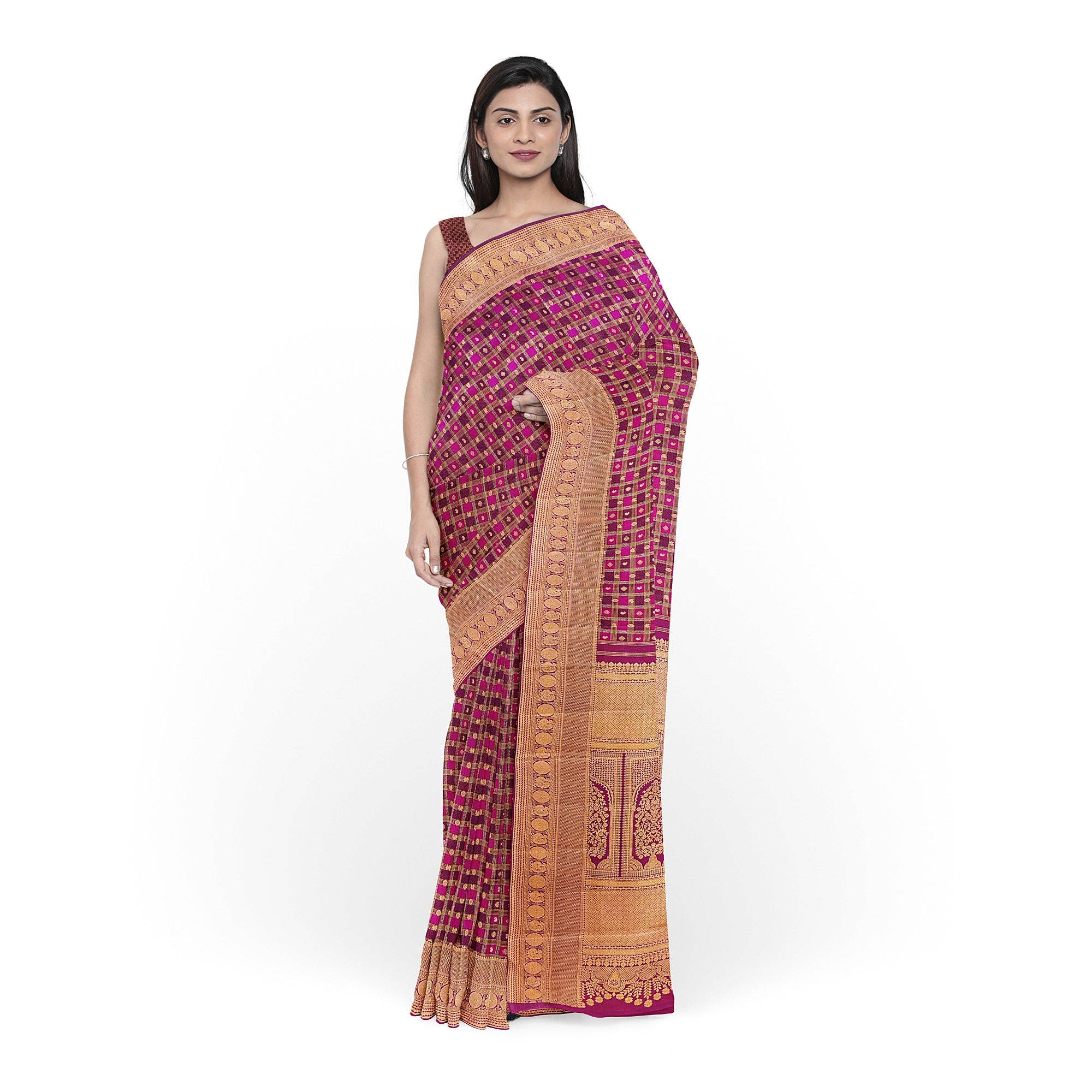 Double-Shade Wine Kanjivaram Silk Saree with Zari Checks – Classic Handloom Saree for Festive Wear Online - New Sudarshan Silks`