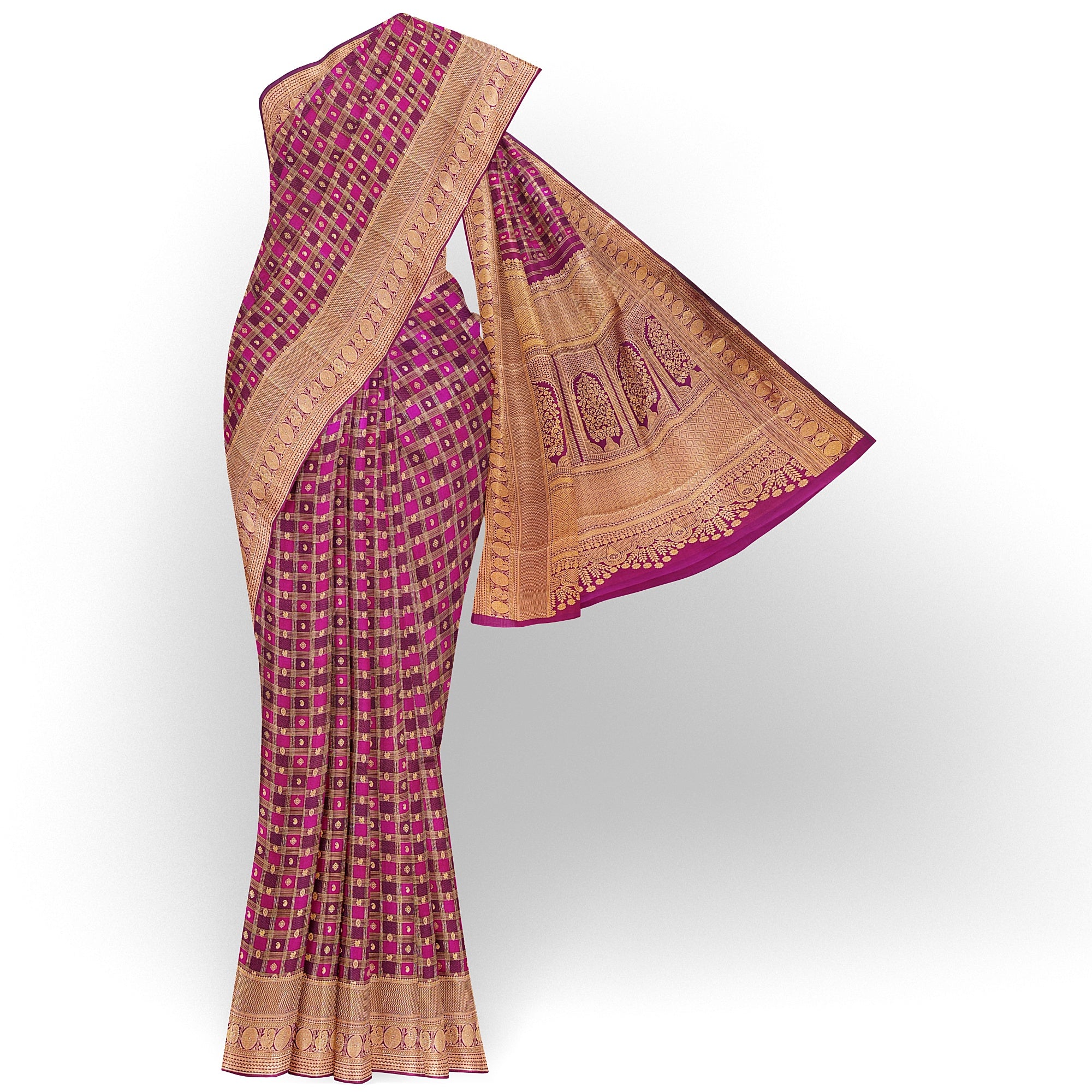 Double-Shade Wine Kanjivaram Silk Saree with Zari Checks – Classic Handloom Saree for Festive Wear Online - New Sudarshan Silks`
