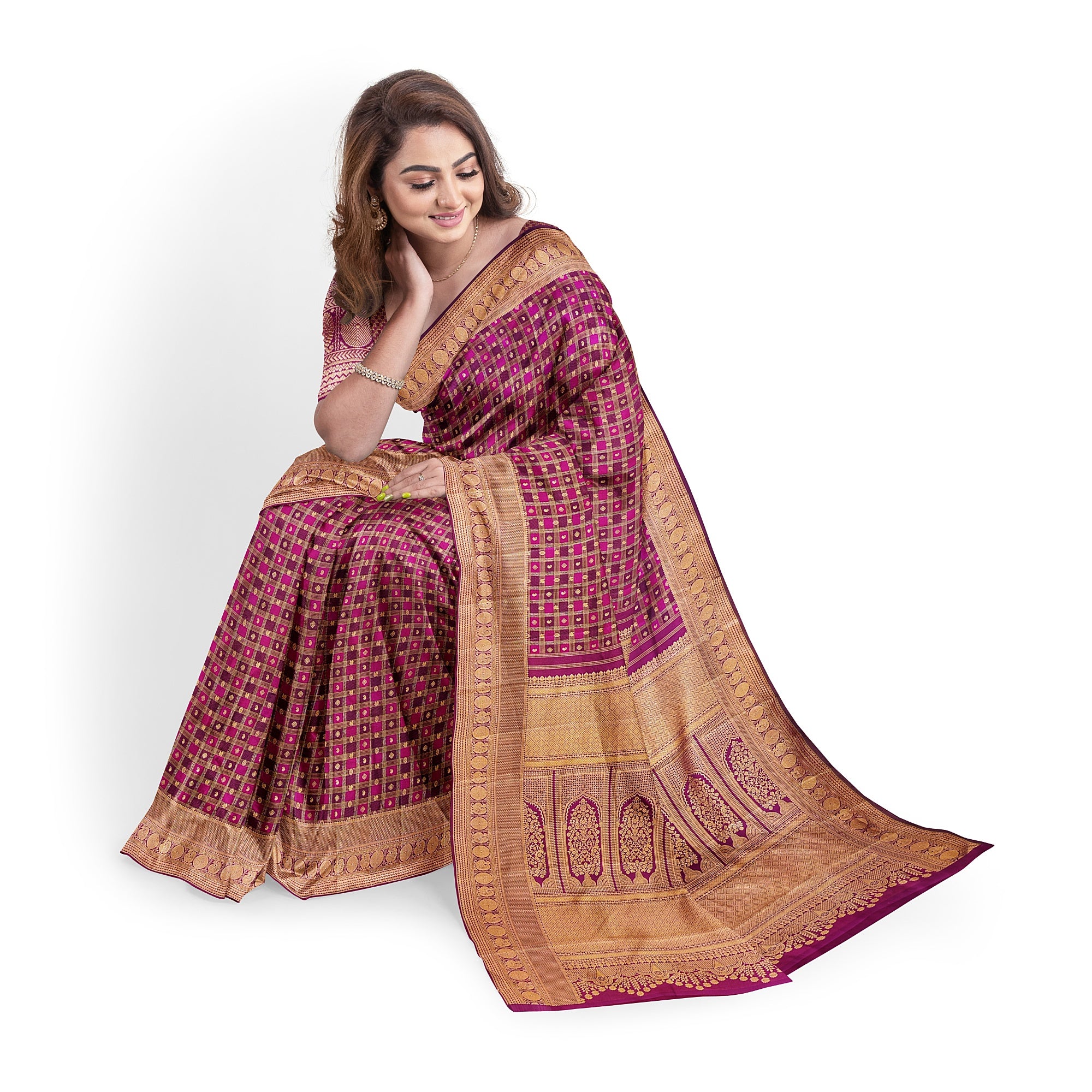Double-Shade Wine Kanjivaram Silk Saree with Zari Checks – Classic Handloom Saree for Festive Wear Online - New Sudarshan Silks`