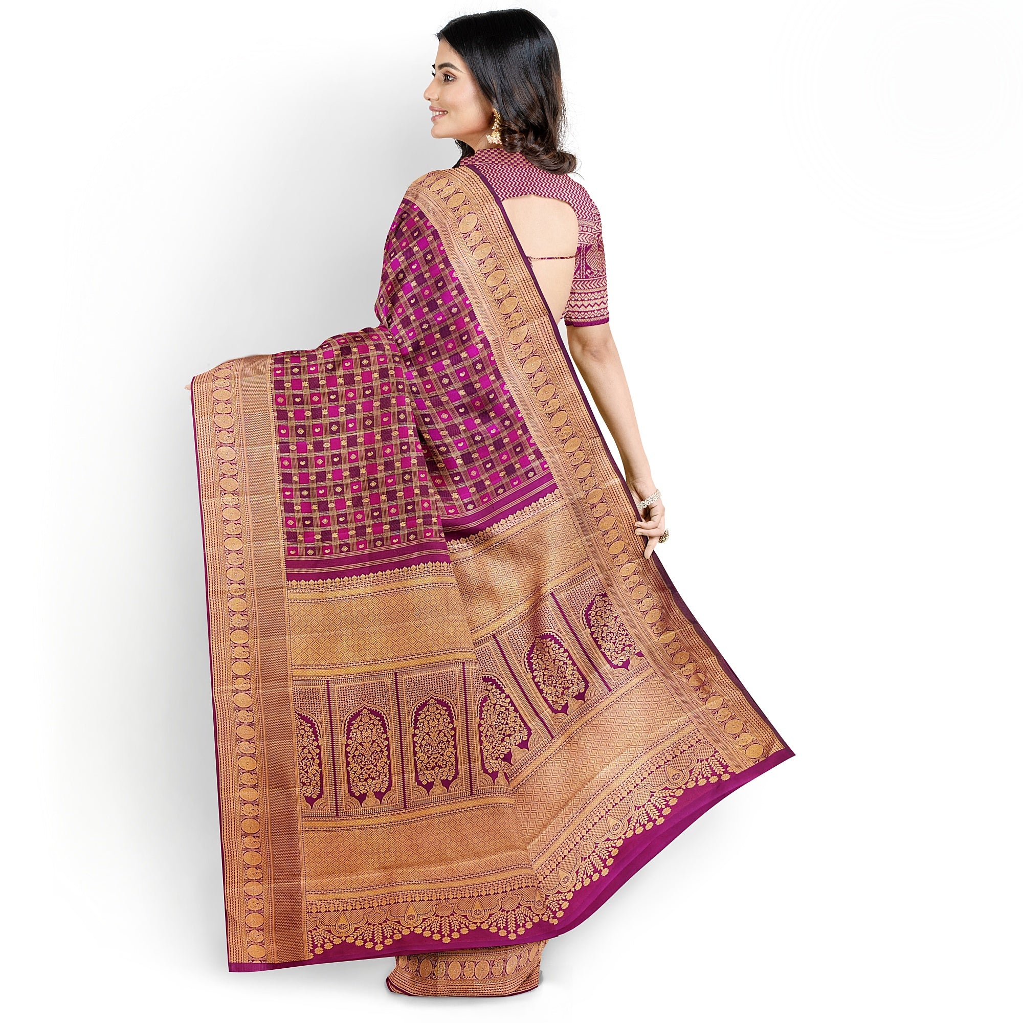 Double-Shade Wine Kanjivaram Silk Saree with Zari Checks – Classic Handloom Saree for Festive Wear Online - New Sudarshan Silks`