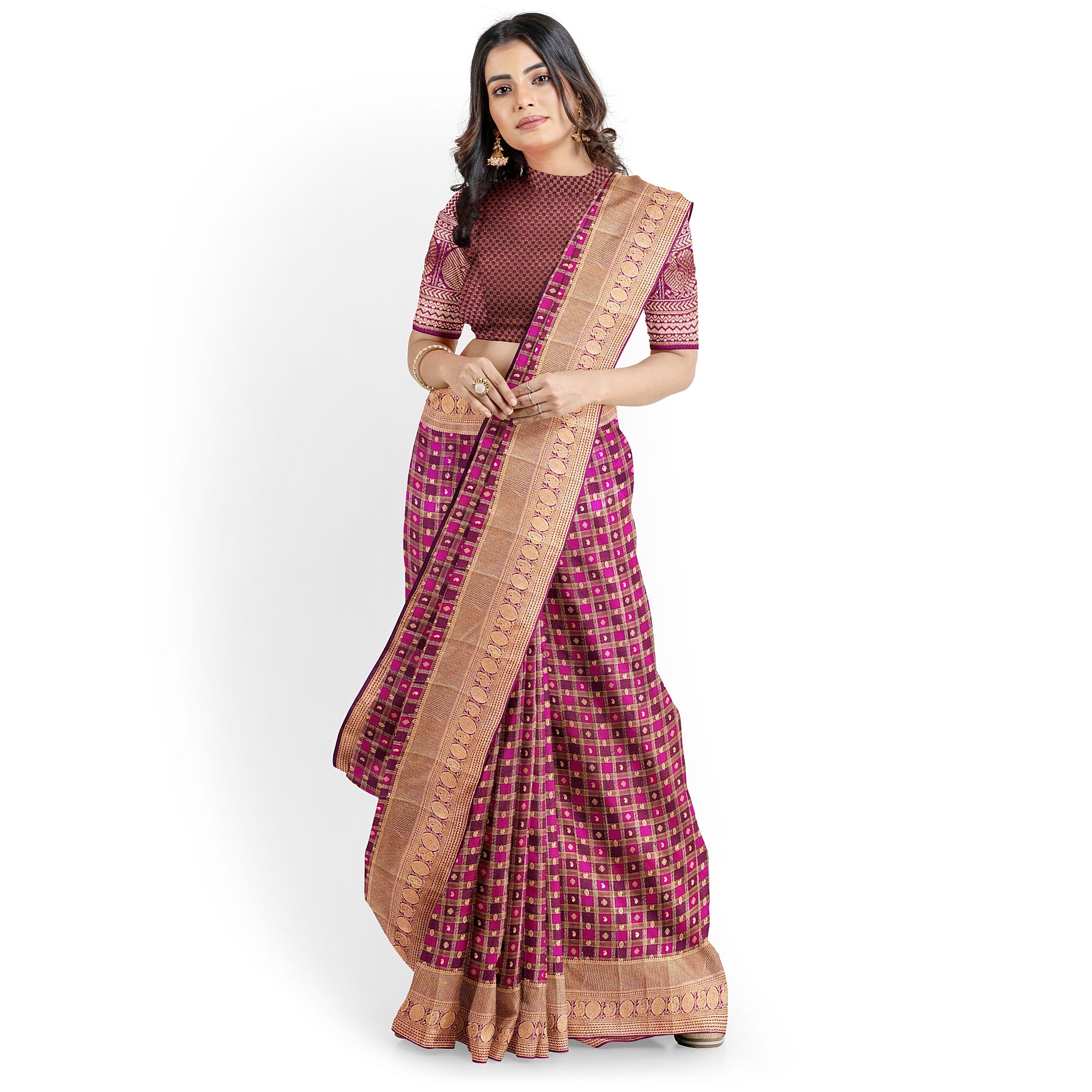 Double-Shade Wine Kanjivaram Silk Saree with Zari Checks – Classic Handloom Saree for Festive Wear Online - New Sudarshan Silks`
