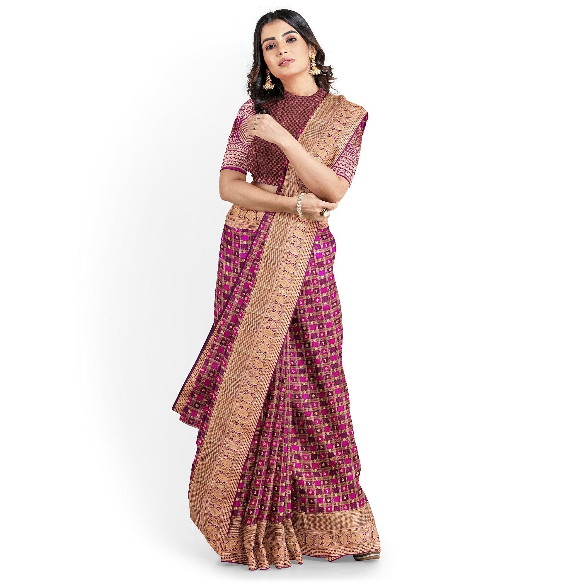 Double-Shade Wine Kanjivaram Silk Saree with Zari Checks – Classic Handloom Saree for Festive Wear Online - New Sudarshan Silks`