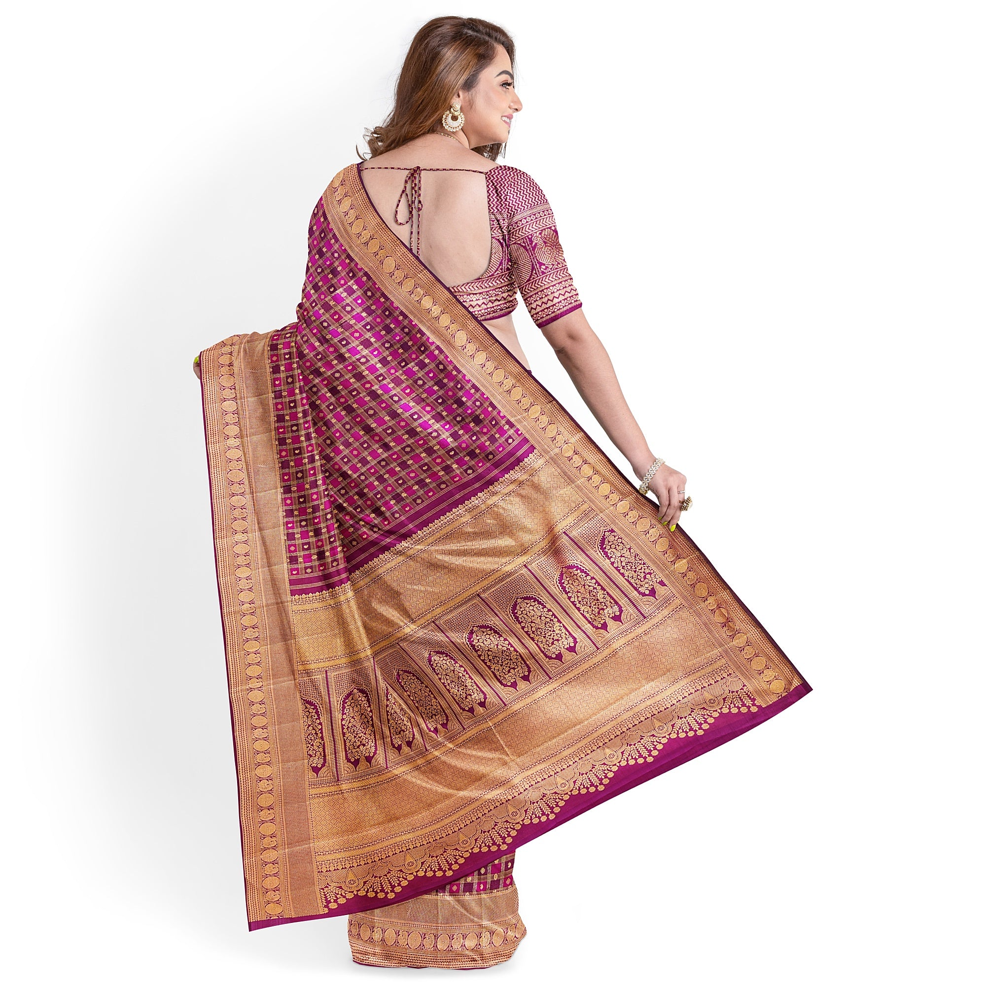 Double-Shade Wine Kanjivaram Silk Saree with Zari Checks – Classic Handloom Saree for Festive Wear Online - New Sudarshan Silks`