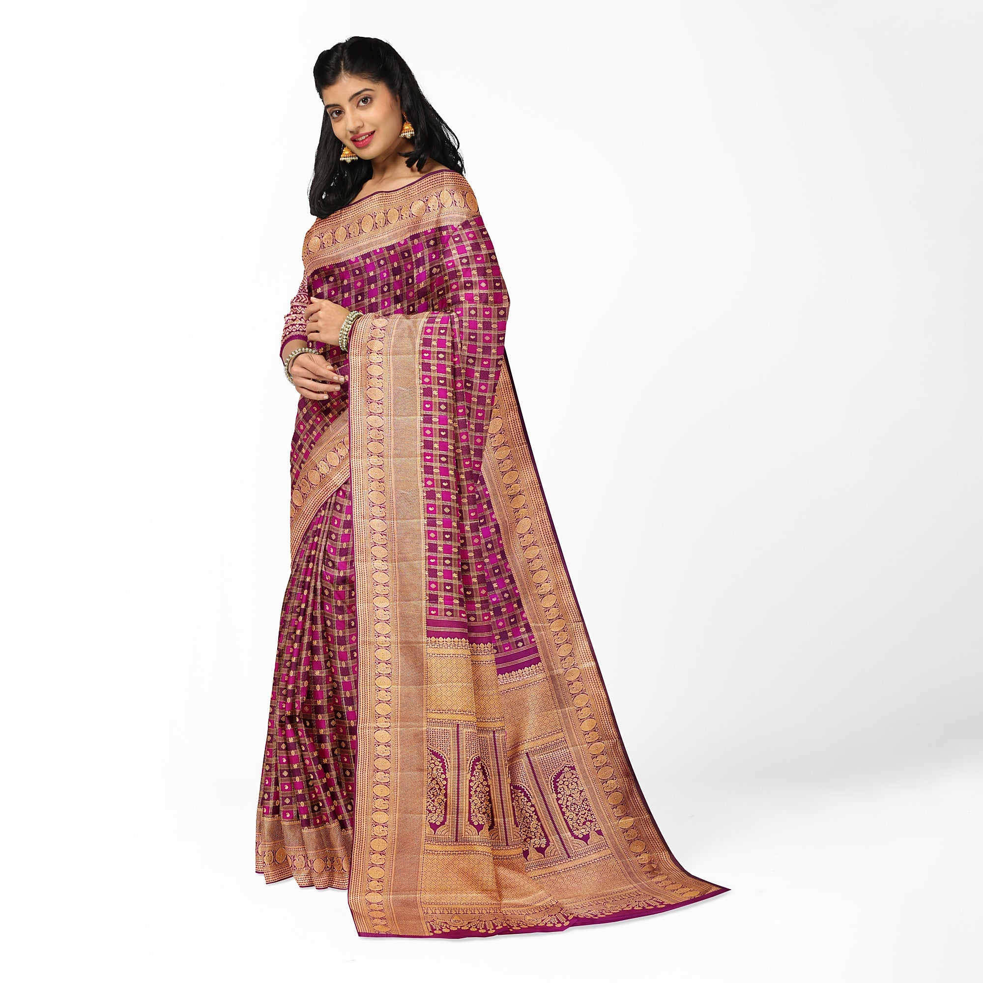 Double-Shade Wine Kanjivaram Silk Saree with Zari Checks – Classic Handloom Saree for Festive Wear Online - New Sudarshan Silks`