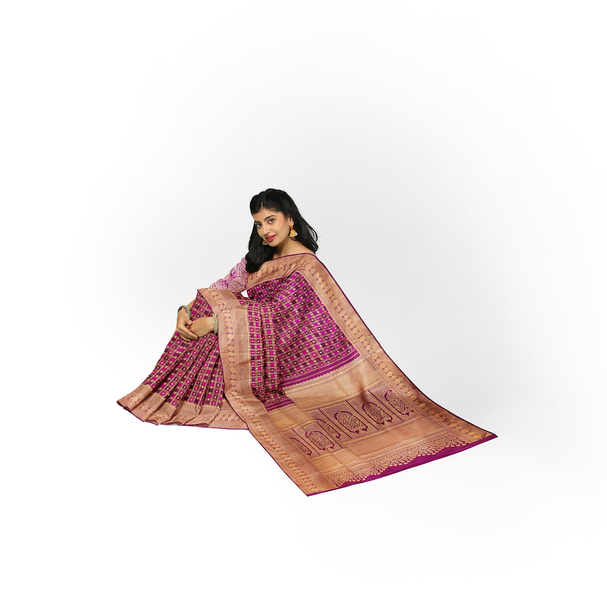 Double-Shade Wine Kanjivaram Silk Saree with Zari Checks – Classic Handloom Saree for Festive Wear Online - New Sudarshan Silks`