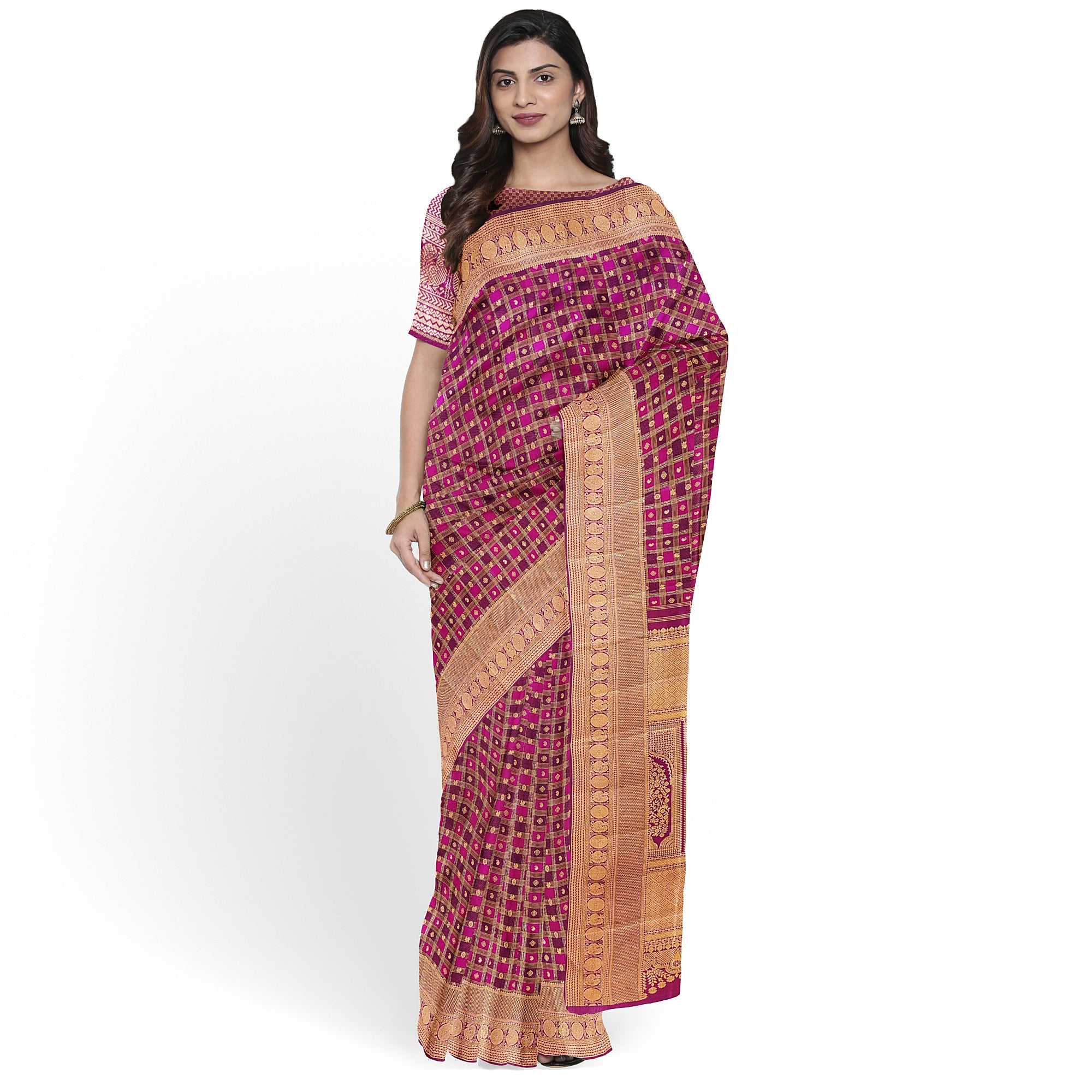Double-Shade Wine Kanjivaram Silk Saree with Zari Checks – Classic Handloom Saree for Festive Wear Online - New Sudarshan Silks`
