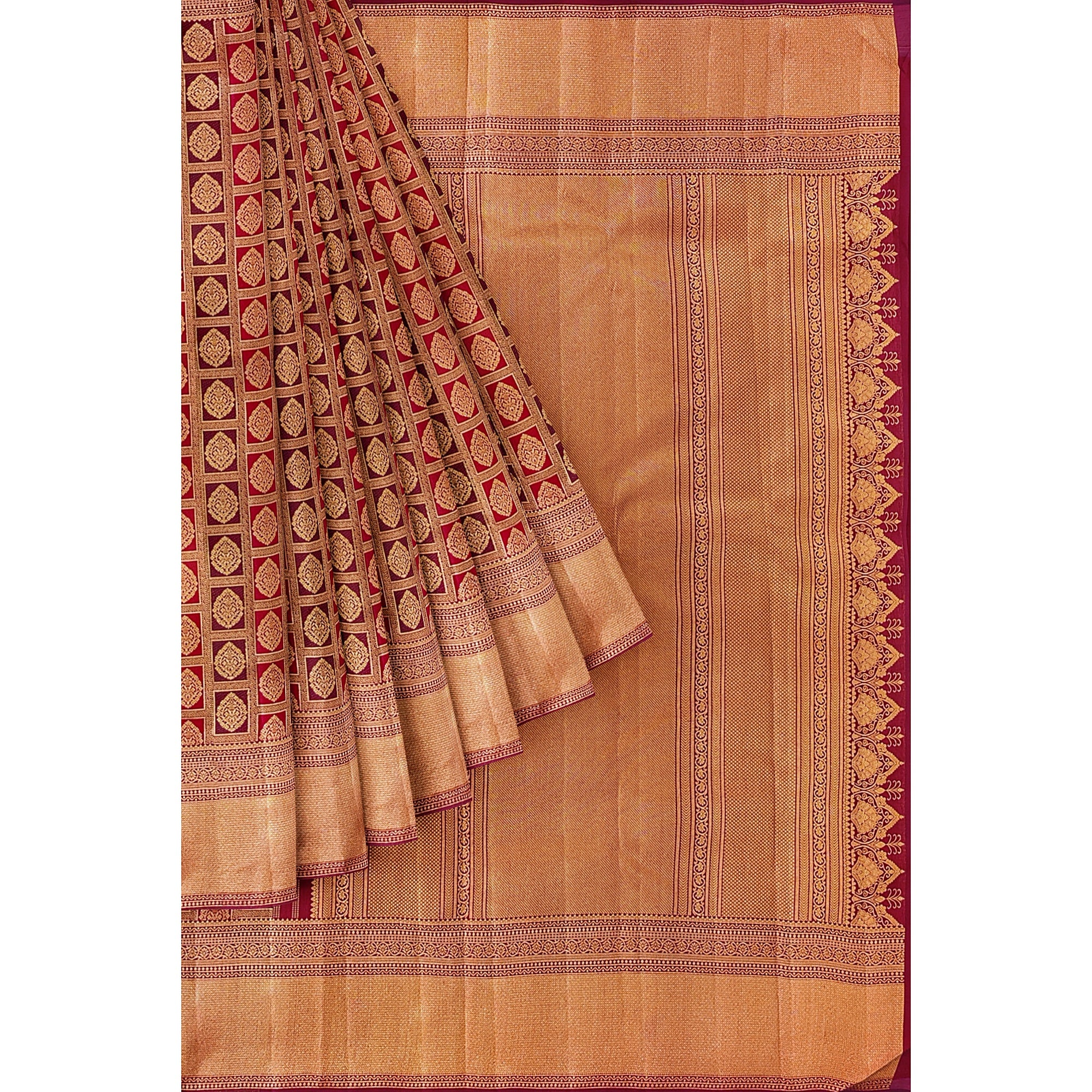 Maroon and Wine Kanjivaram Silk Saree with Gold Zari Border – Luxurious Handwoven Bridal Saree Online - New Sudarshan Silks`