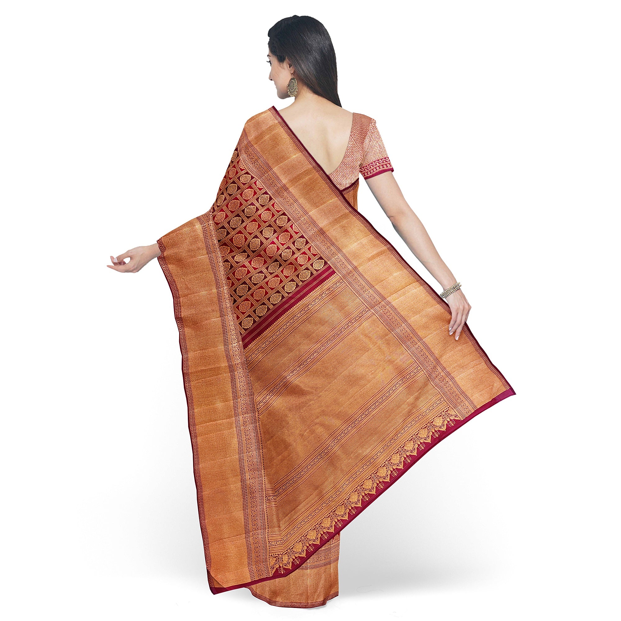 Maroon and Wine Kanjivaram Silk Saree with Gold Zari Border – Luxurious Handwoven Bridal Saree Online - New Sudarshan Silks`