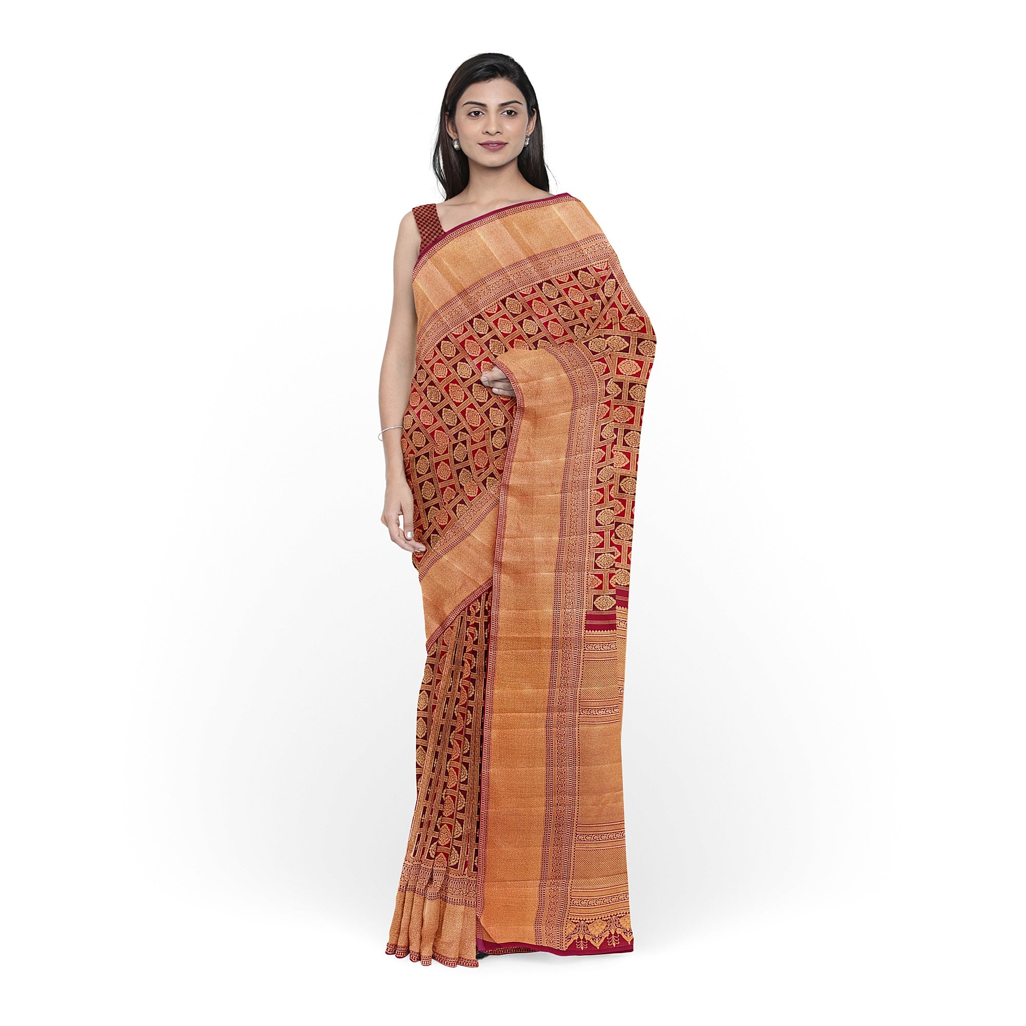 Maroon and Wine Kanjivaram Silk Saree with Gold Zari Border – Luxurious Handwoven Bridal Saree Online - New Sudarshan Silks`