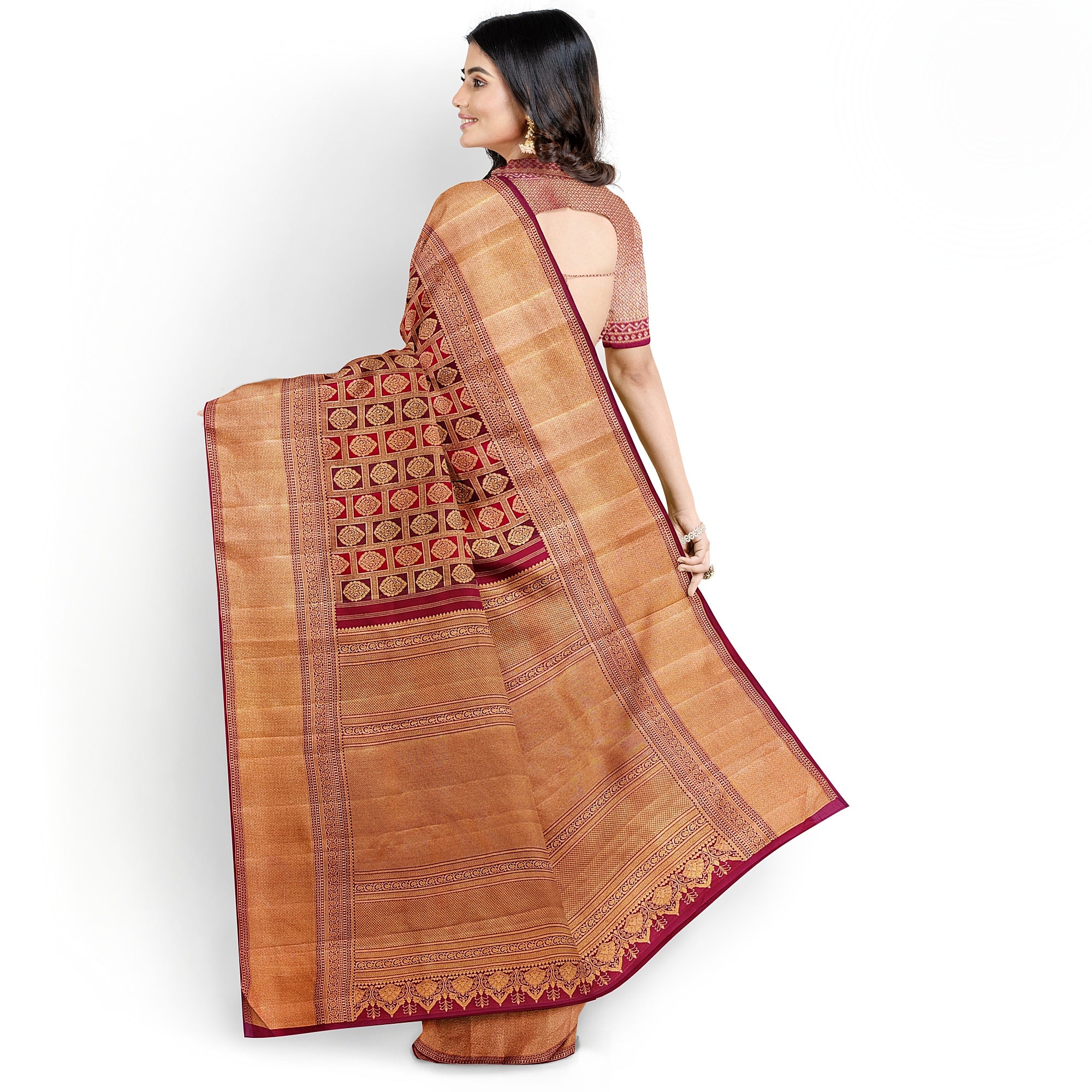 Maroon and Wine Kanjivaram Silk Saree with Gold Zari Border – Luxurious Handwoven Bridal Saree Online - New Sudarshan Silks`