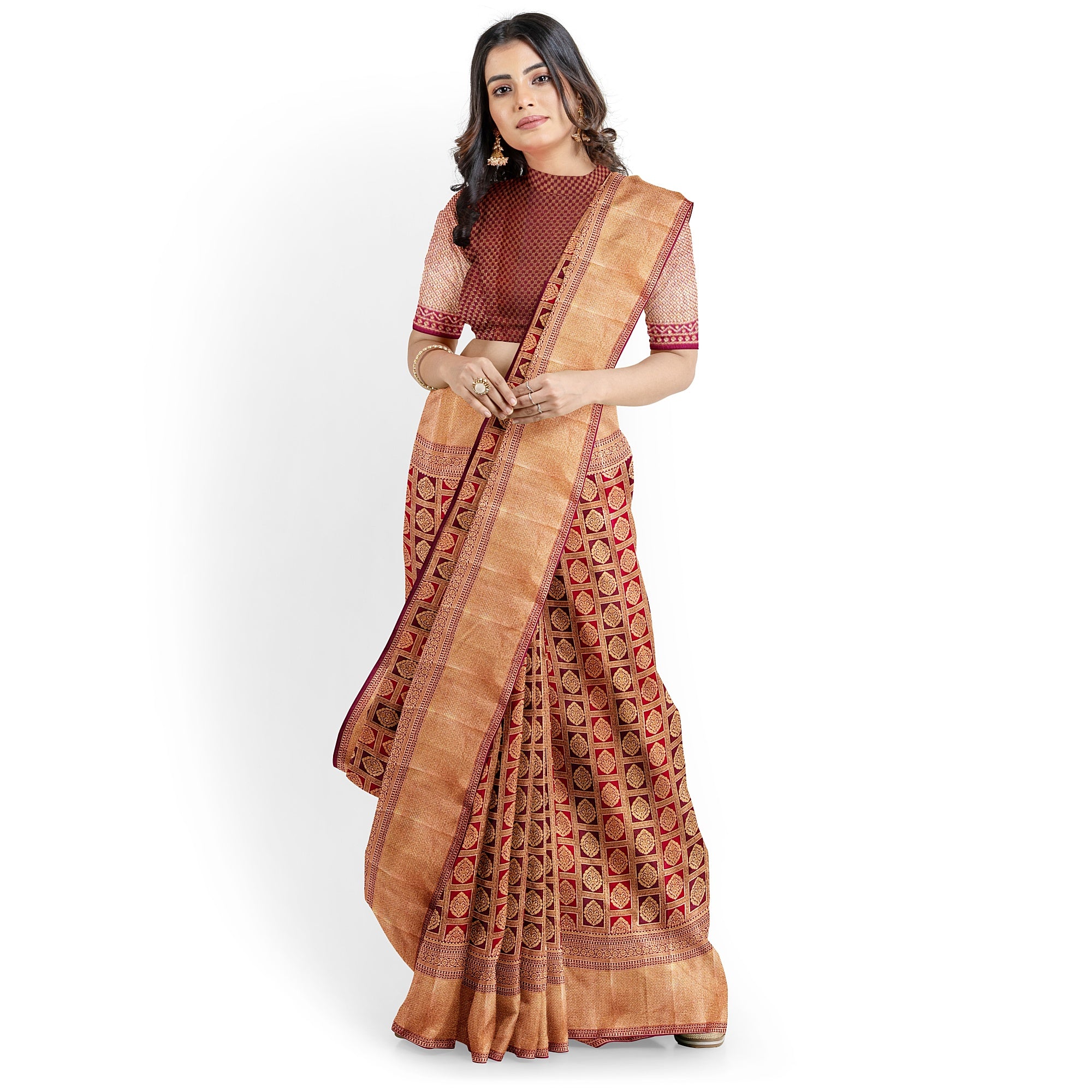Maroon and Wine Kanjivaram Silk Saree with Gold Zari Border – Luxurious Handwoven Bridal Saree Online - New Sudarshan Silks`