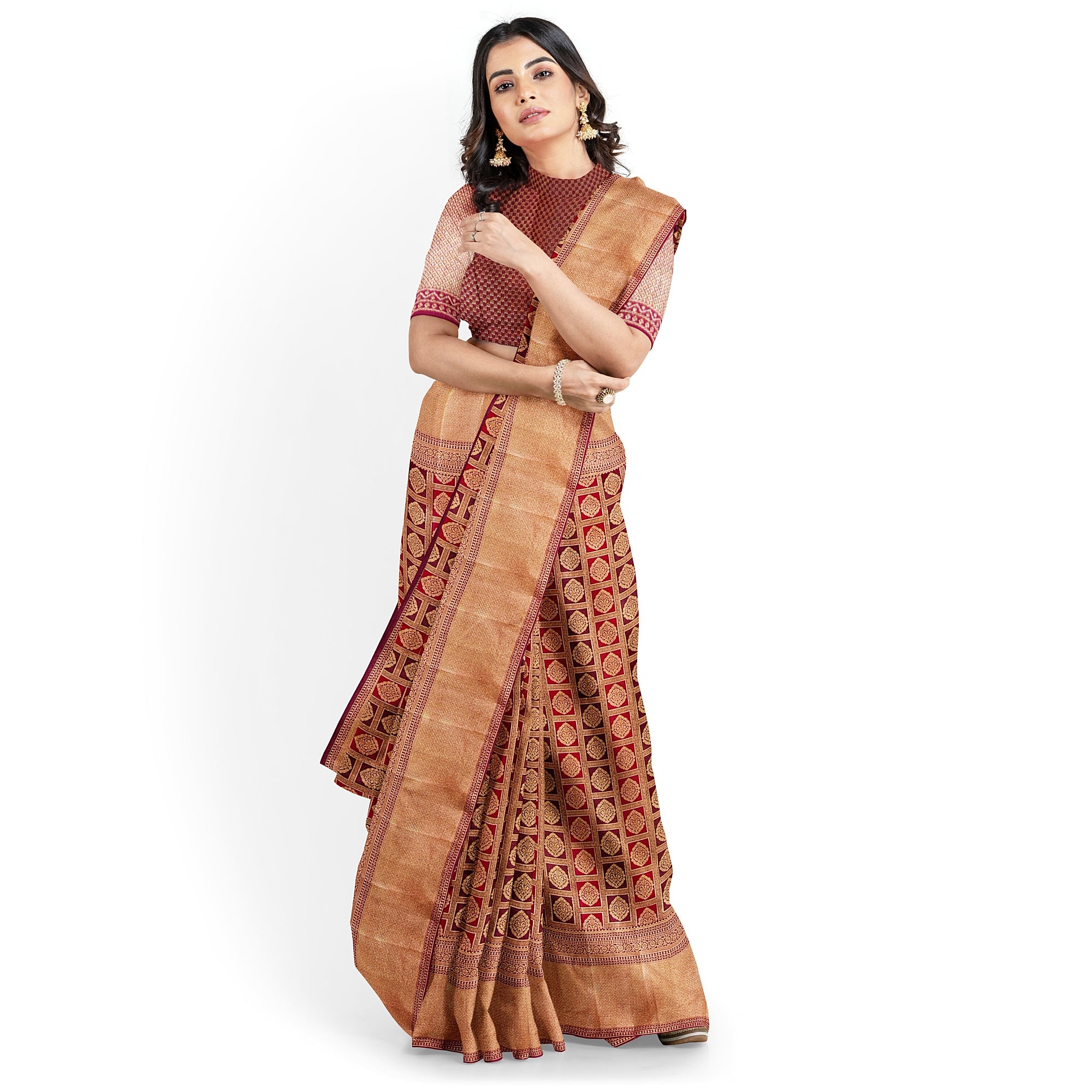 Maroon and Wine Kanjivaram Silk Saree with Gold Zari Border – Luxurious Handwoven Bridal Saree Online - New Sudarshan Silks`
