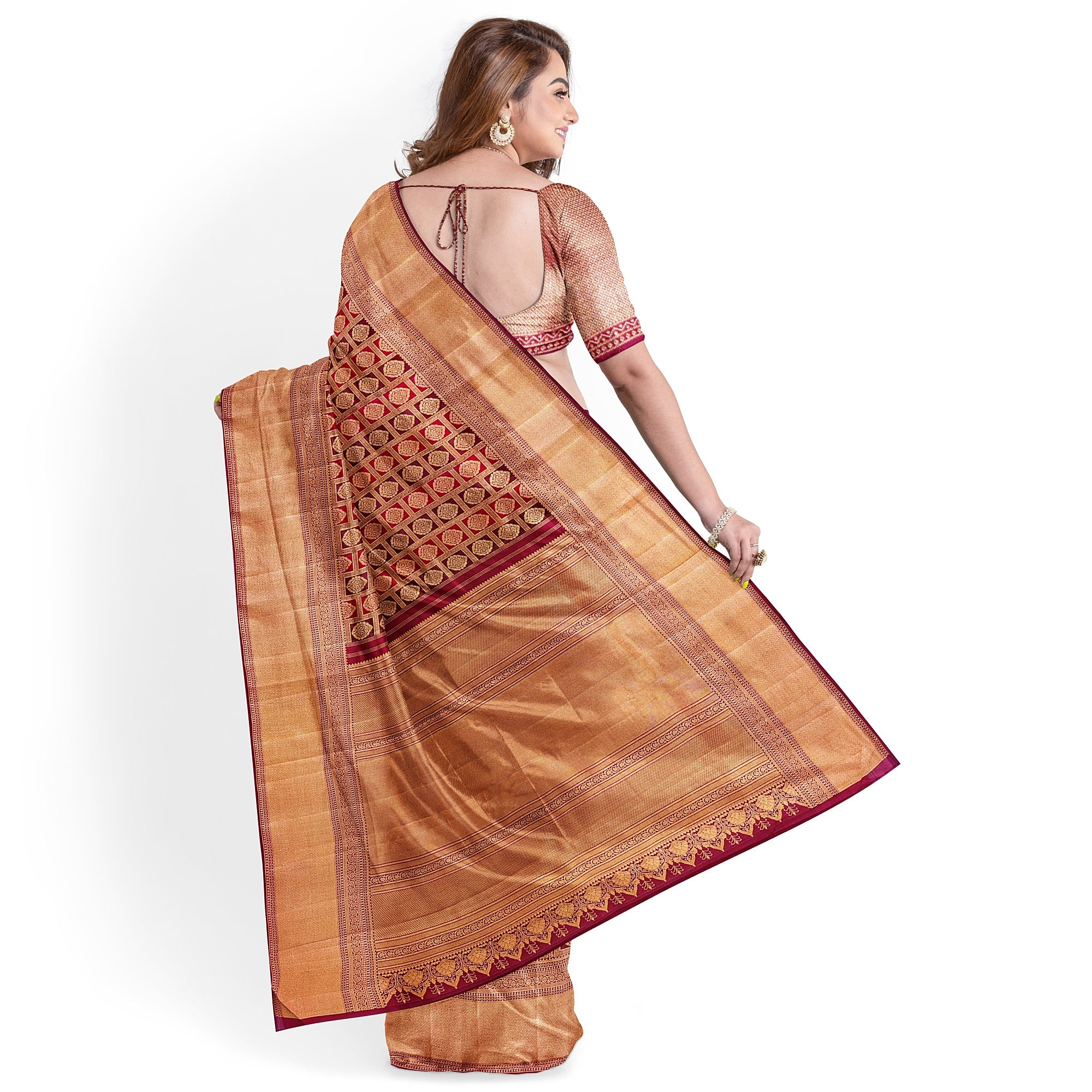 Maroon and Wine Kanjivaram Silk Saree with Gold Zari Border – Luxurious Handwoven Bridal Saree Online - New Sudarshan Silks`