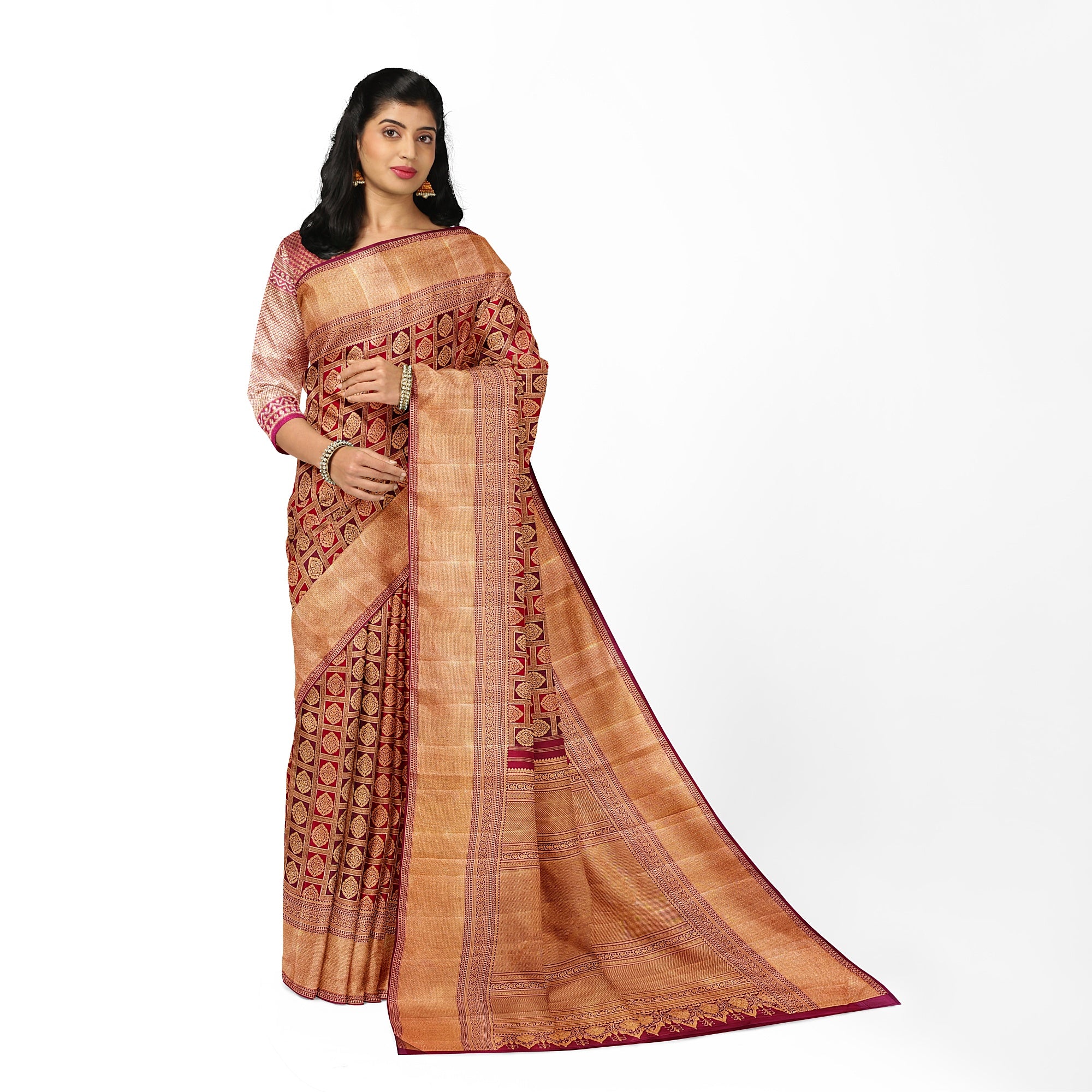 Maroon and Wine Kanjivaram Silk Saree with Gold Zari Border – Luxurious Handwoven Bridal Saree Online - New Sudarshan Silks`