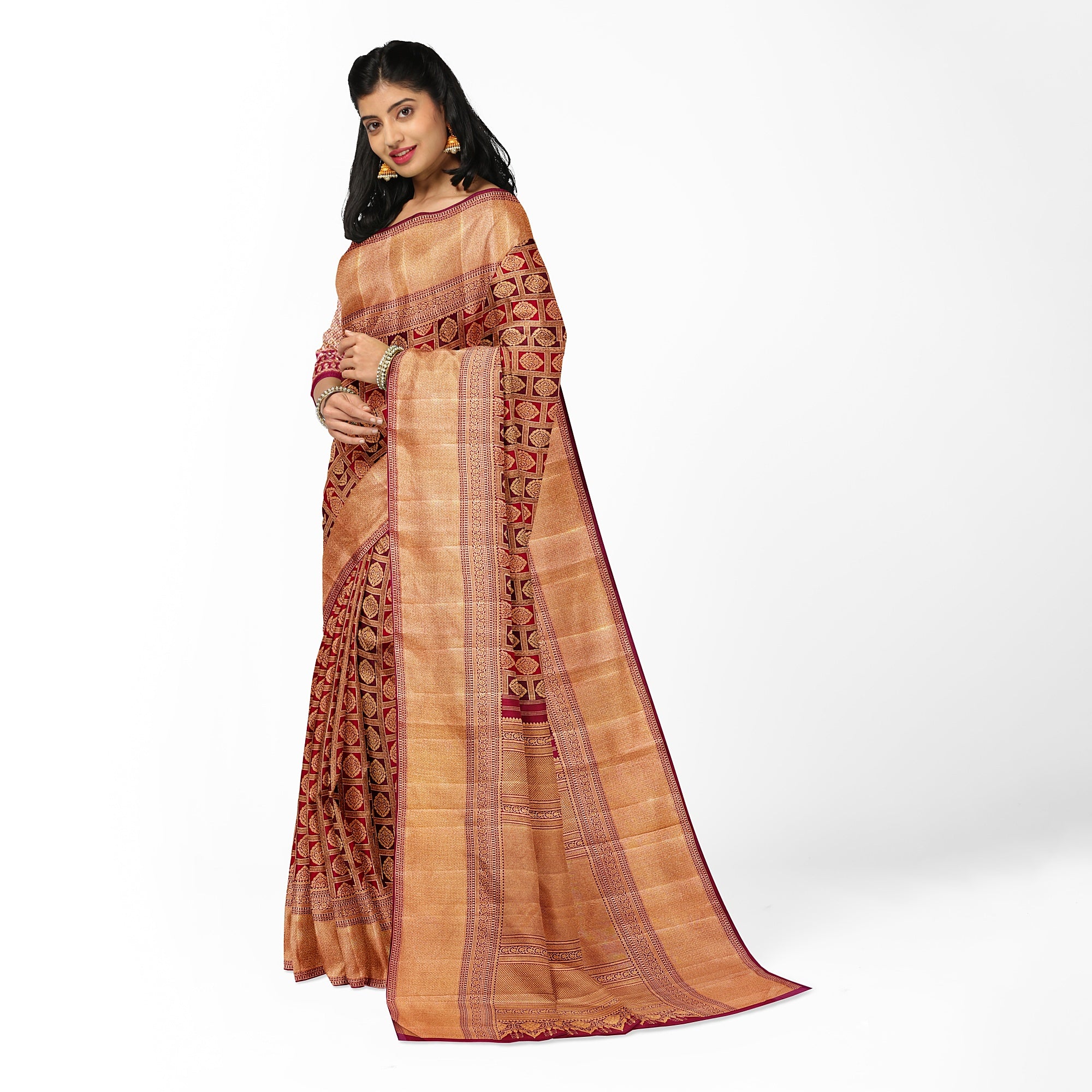 Maroon and Wine Kanjivaram Silk Saree with Gold Zari Border – Luxurious Handwoven Bridal Saree Online - New Sudarshan Silks`