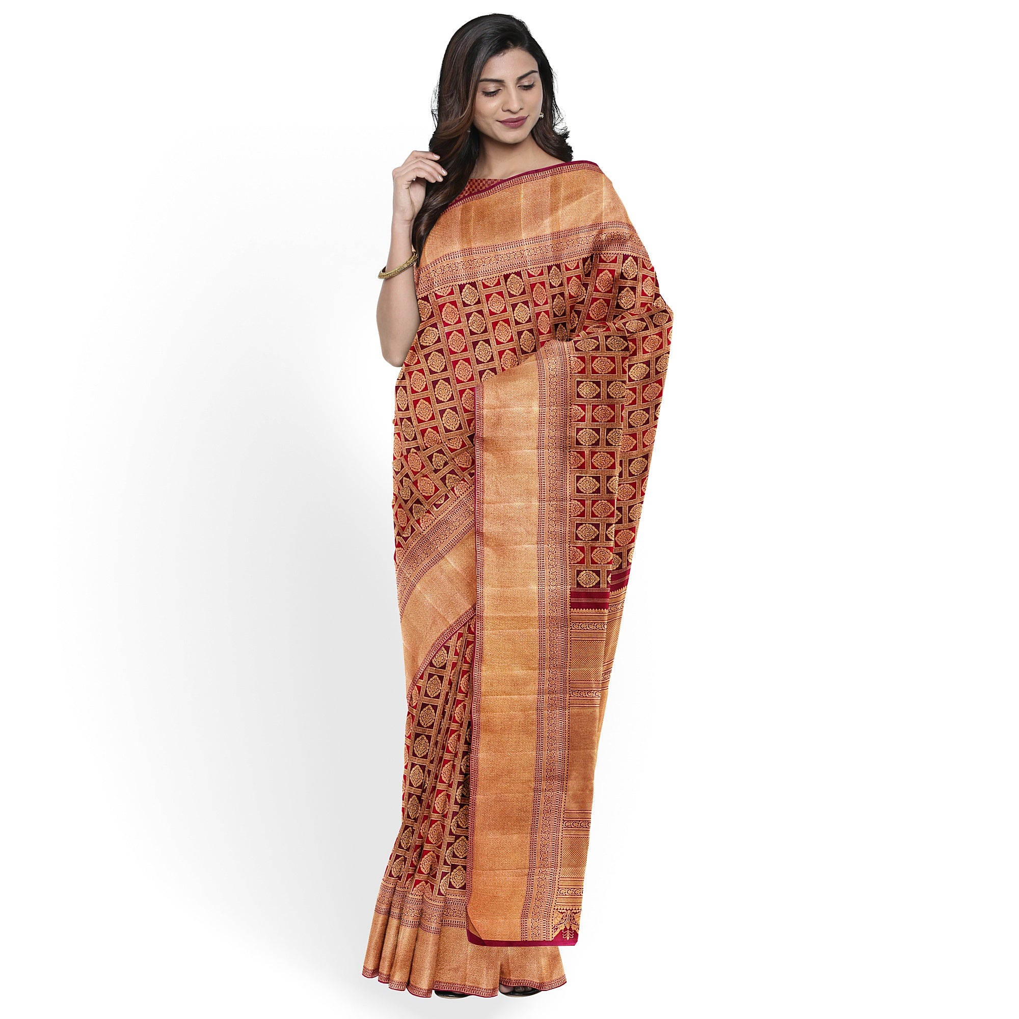 Maroon and Wine Kanjivaram Silk Saree with Gold Zari Border – Luxurious Handwoven Bridal Saree Online - New Sudarshan Silks`