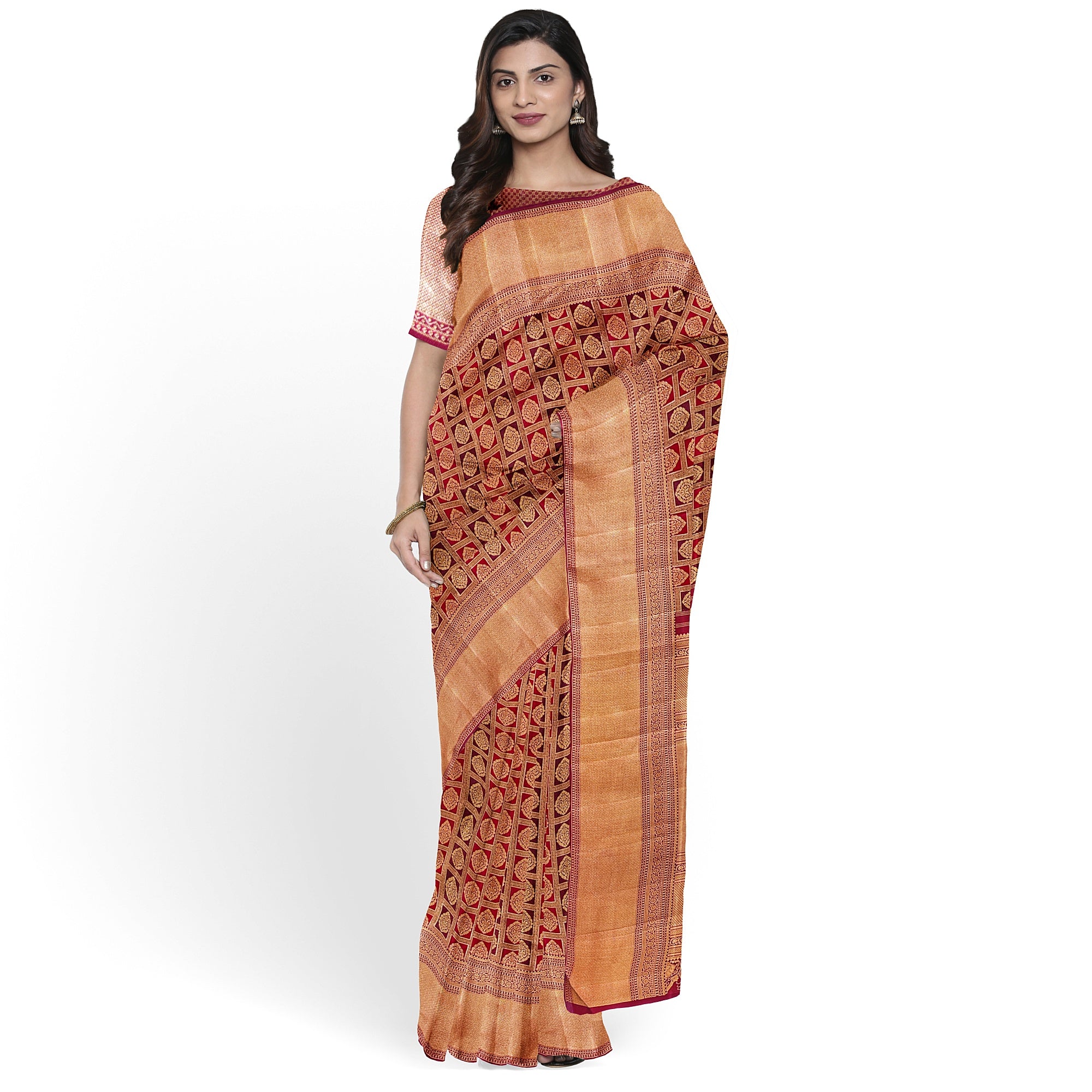 Maroon and Wine Kanjivaram Silk Saree with Gold Zari Border – Luxurious Handwoven Bridal Saree Online - New Sudarshan Silks`
