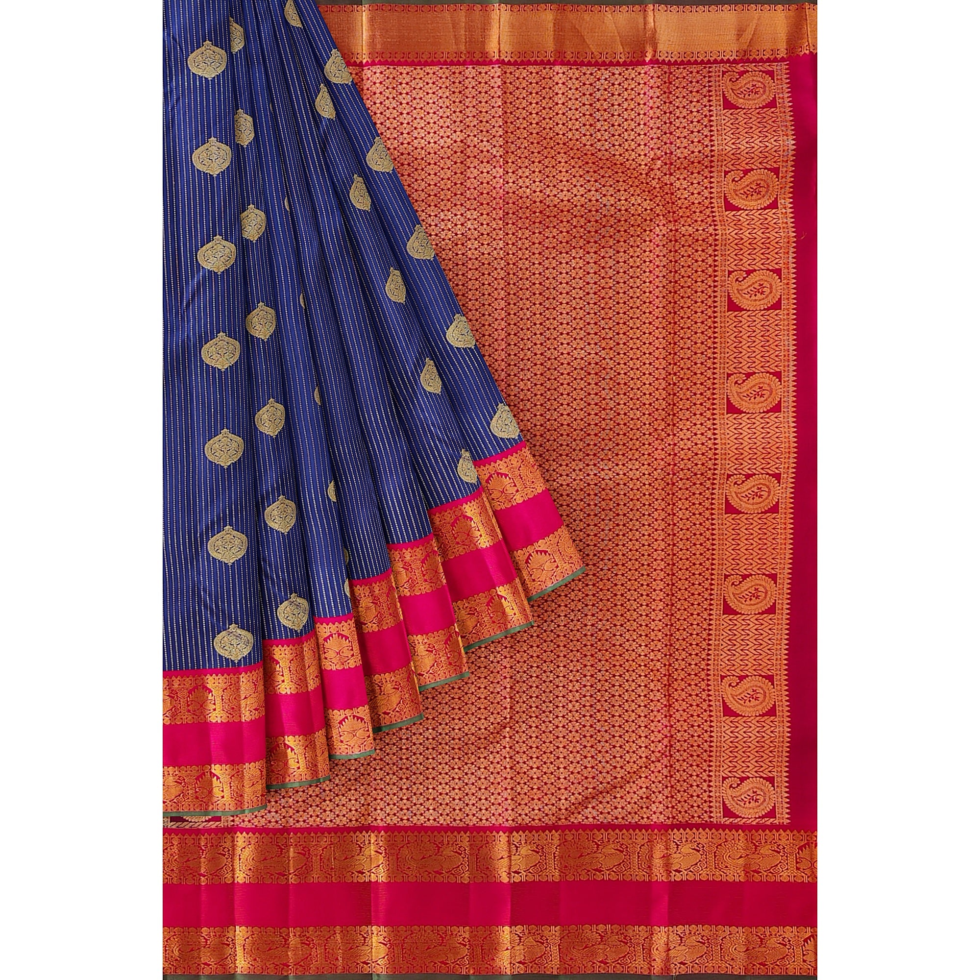 Ink Blue Kanjivaram Silk Saree with Pink Zari Border – Handwoven Bridal Elegance Online - New Sudarshan Silks`