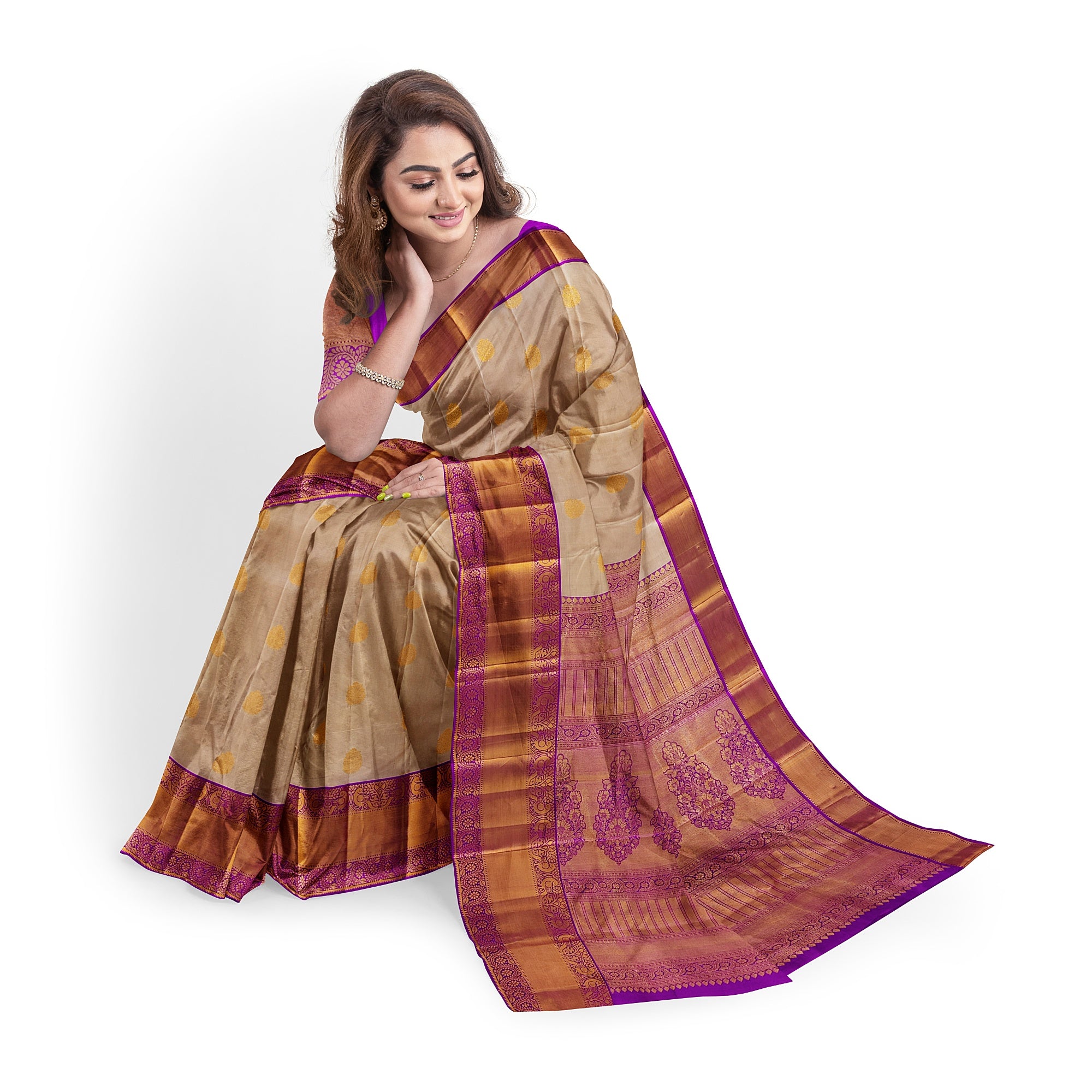 Peach Kanjivaram Silk Saree with Pink Zari Border – Pure Handloom Bridal Saree Online - New Sudarshan Silks`