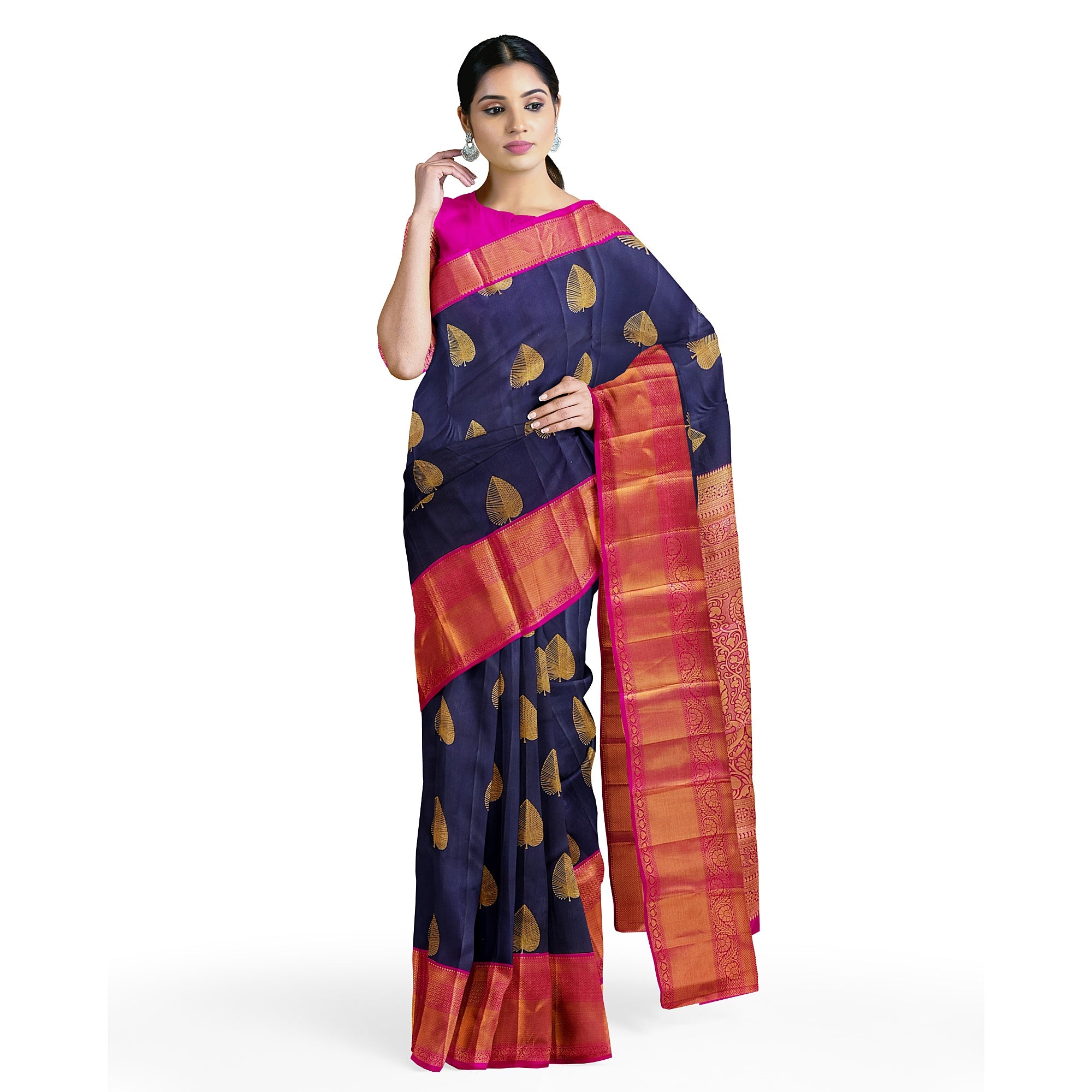 Ink Blue Kanjivaram Silk Saree with Pink Zari Border – Pure Handloom Bridal Saree Online - New Sudarshan Silks`