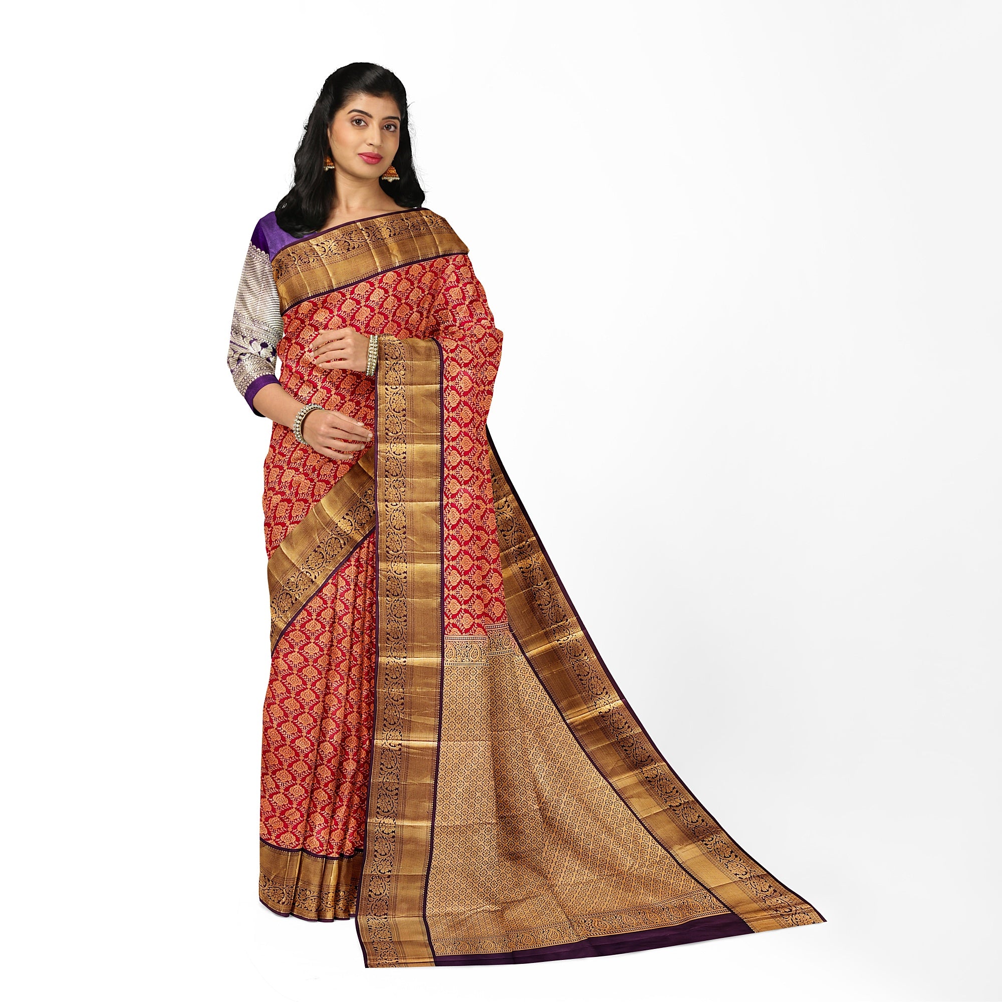Red Kanjivaram Silk Saree with Maroon Zari Border – Traditional Pure Handloom Wedding Saree Online - New Sudarshan Silks`