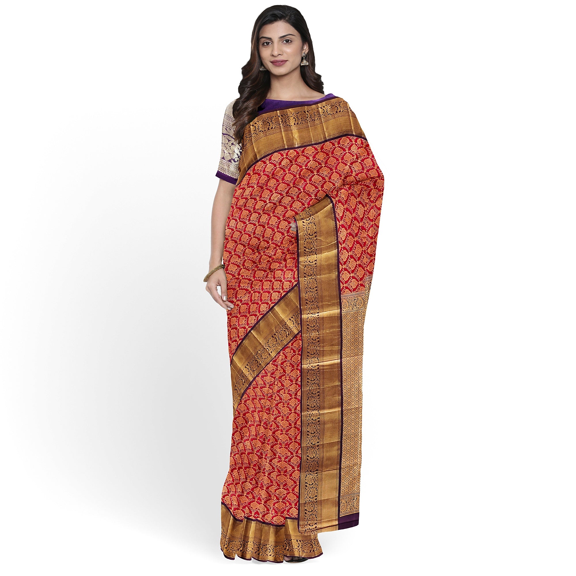 Red Kanjivaram Silk Saree with Maroon Zari Border – Traditional Pure Handloom Wedding Saree Online - New Sudarshan Silks`