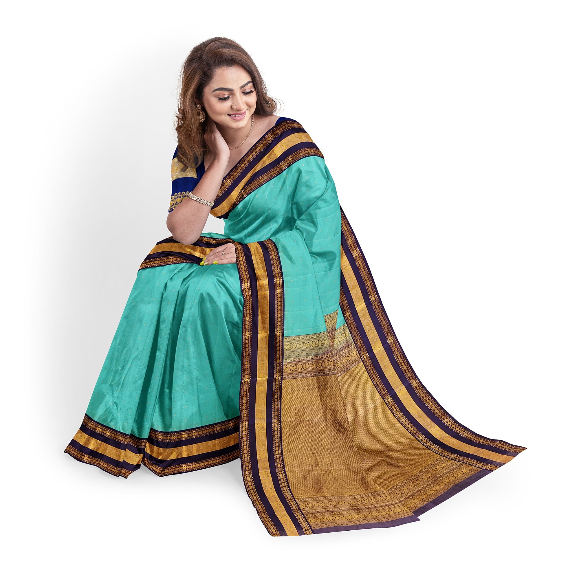 Sky Blue Kanjivaram Silk Saree with Navy Blue Zari Border – Pure Handloom Bridal Saree Online - New Sudarshan Silks`
