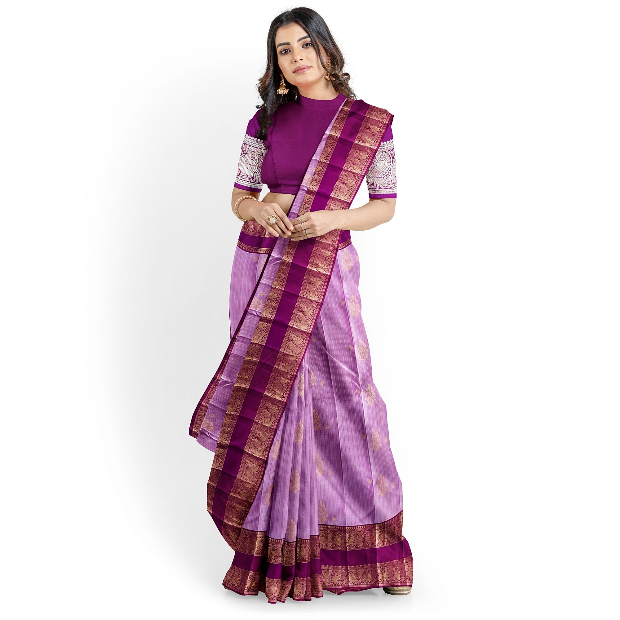Baby Pink Kanjivaram Silk Saree with Dark Pink Zari Border – Pure Handloom Bridal Saree Online - New Sudarshan Silks`