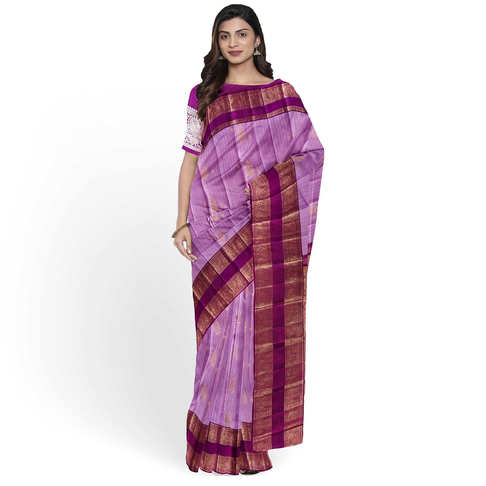 Baby Pink Kanjivaram Silk Saree with Dark Pink Zari Border – Pure Handloom Bridal Saree Online - New Sudarshan Silks`