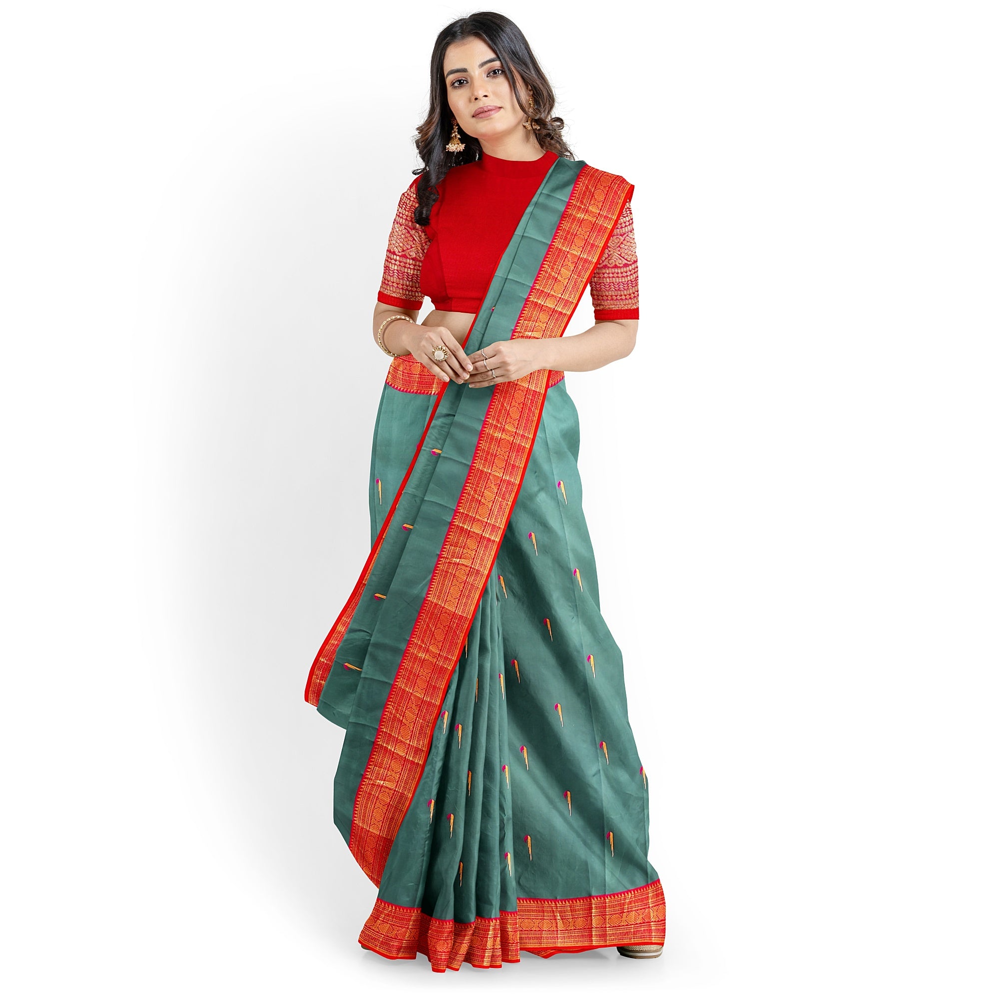 Peacock Green Kanjivaram Silk Saree with Paithani Body and Orange Zari Border – Luxurious Handloom Saree Online - New Sudarshan Silks`