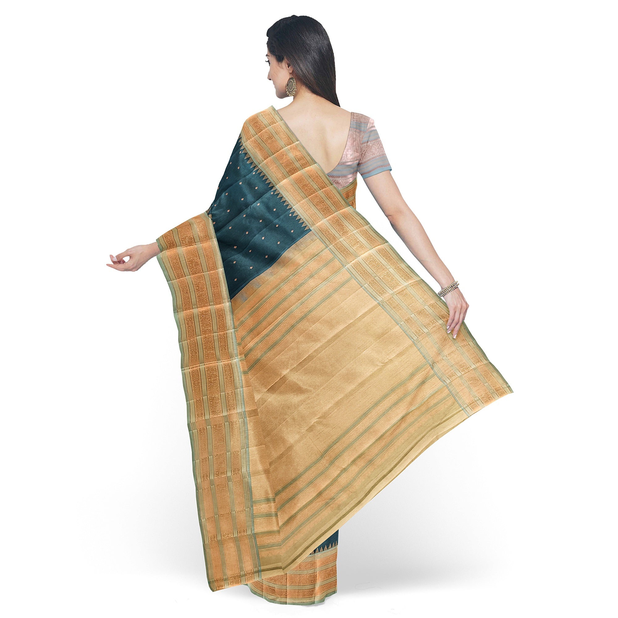 Rama Blue Kanjivaram Silk Saree with Elephant Zari Border – Regal Handloom Saree for Special Occasions Online - New Sudarshan Silks`