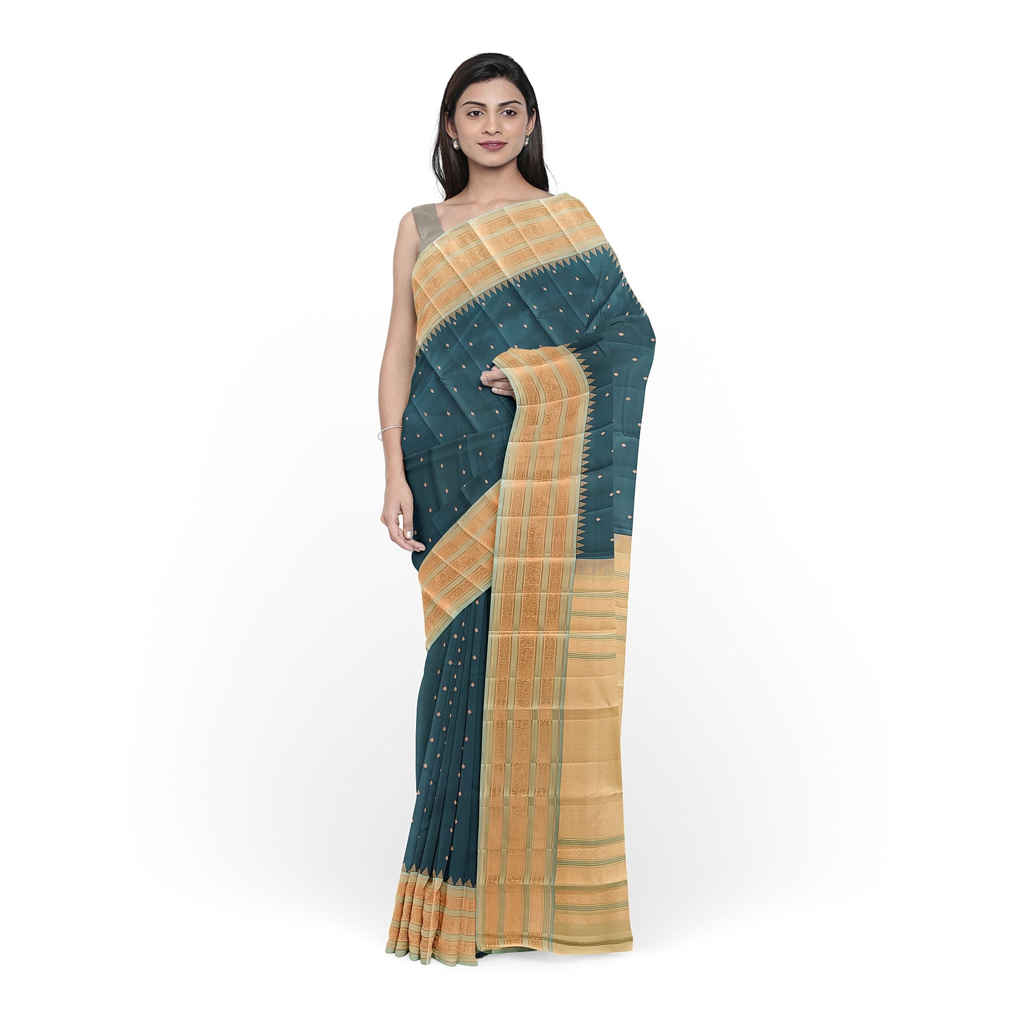 Rama Blue Kanjivaram Silk Saree with Elephant Zari Border – Regal Handloom Saree for Special Occasions Online - New Sudarshan Silks`