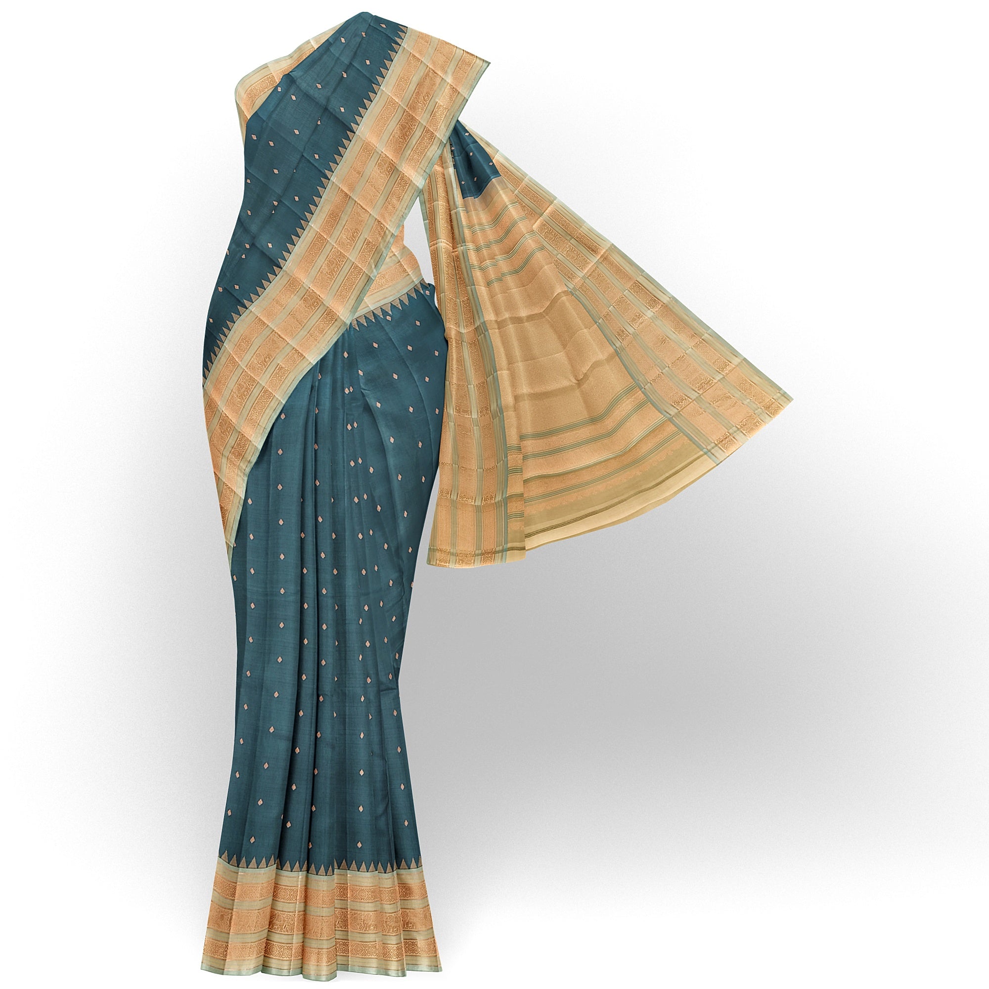 Rama Blue Kanjivaram Silk Saree with Elephant Zari Border – Regal Handloom Saree for Special Occasions Online - New Sudarshan Silks`