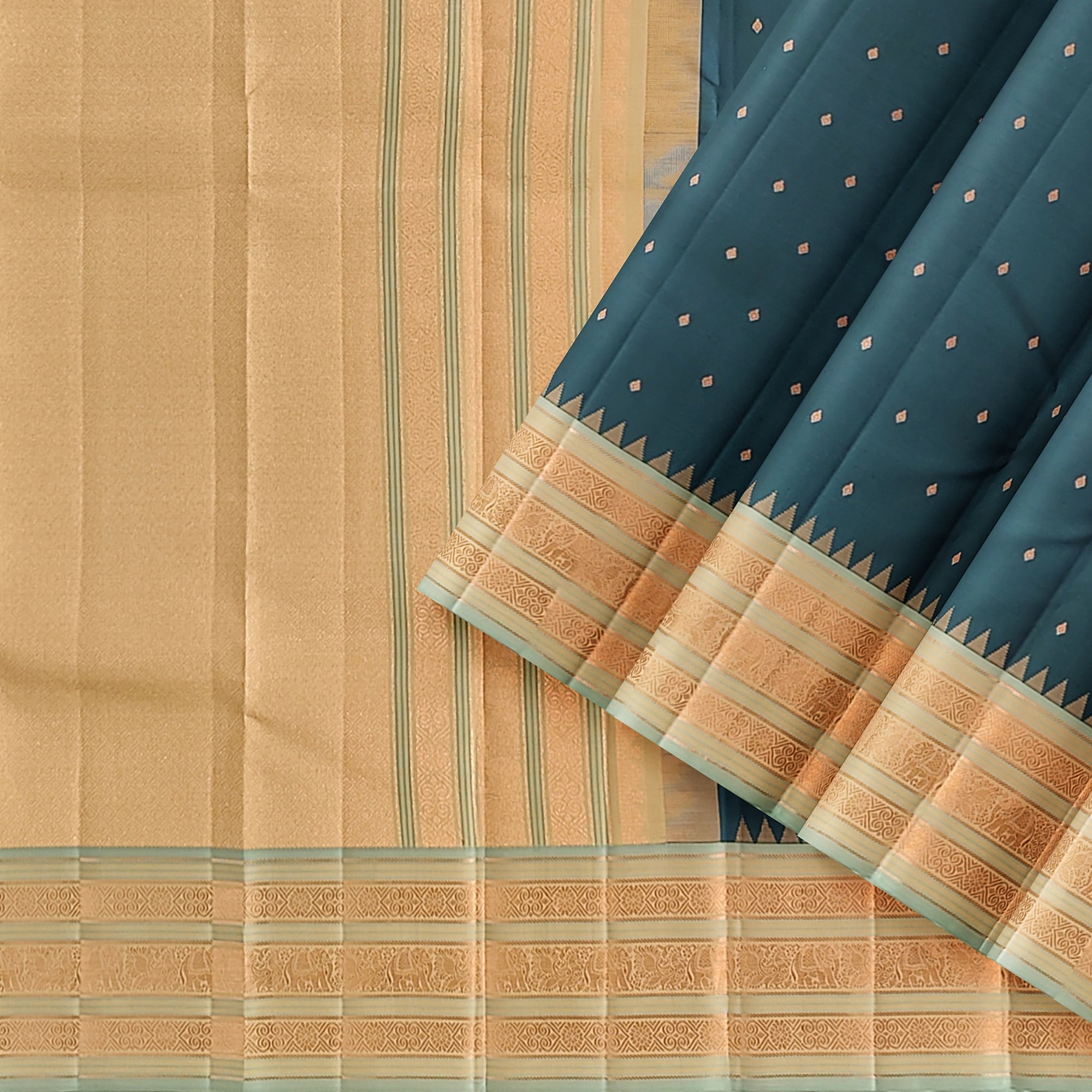 Rama Blue Kanjivaram Silk Saree with Elephant Zari Border – Regal Handloom Saree for Special Occasions Online - New Sudarshan Silks`