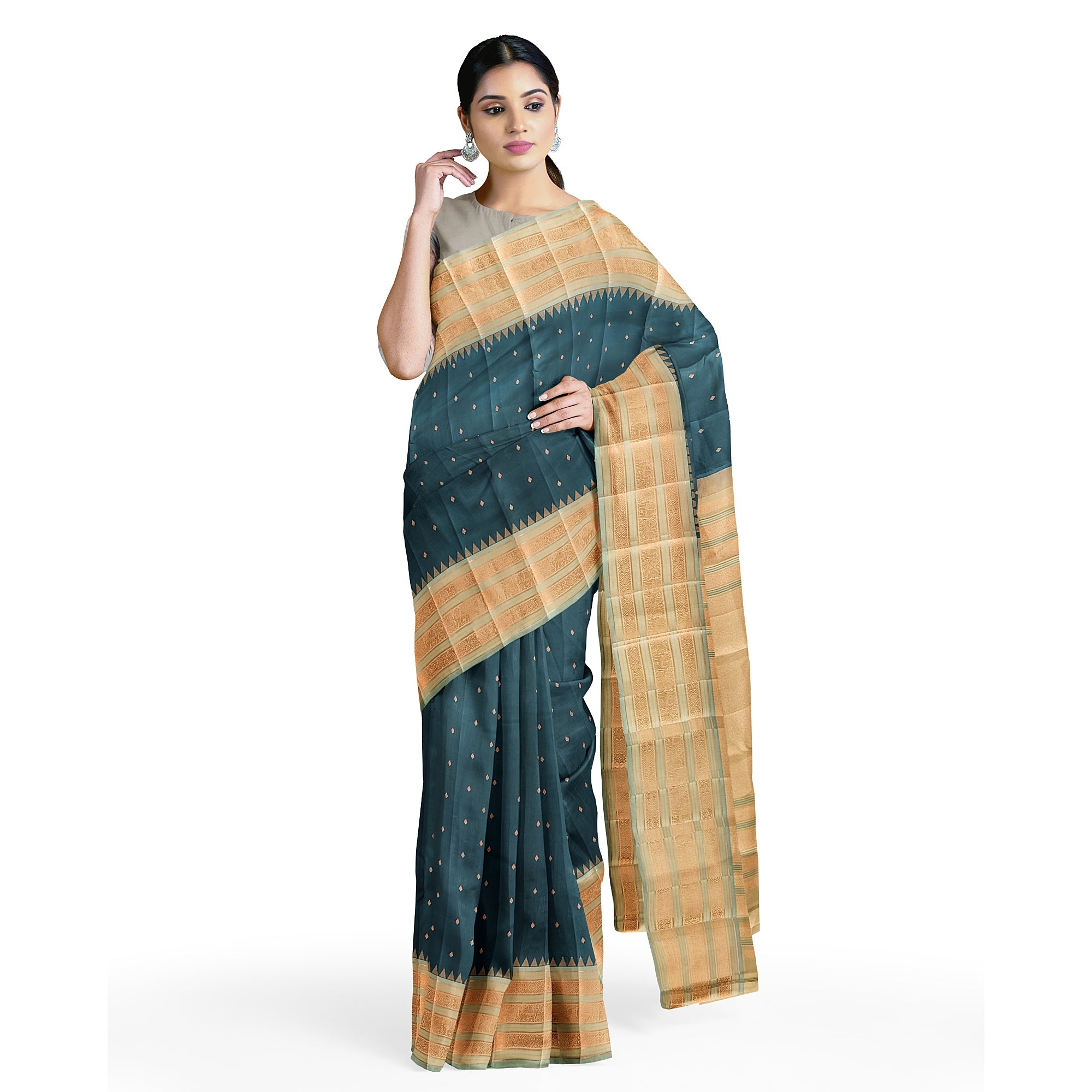 Rama Blue Kanjivaram Silk Saree with Elephant Zari Border – Regal Handloom Saree for Special Occasions Online - New Sudarshan Silks`