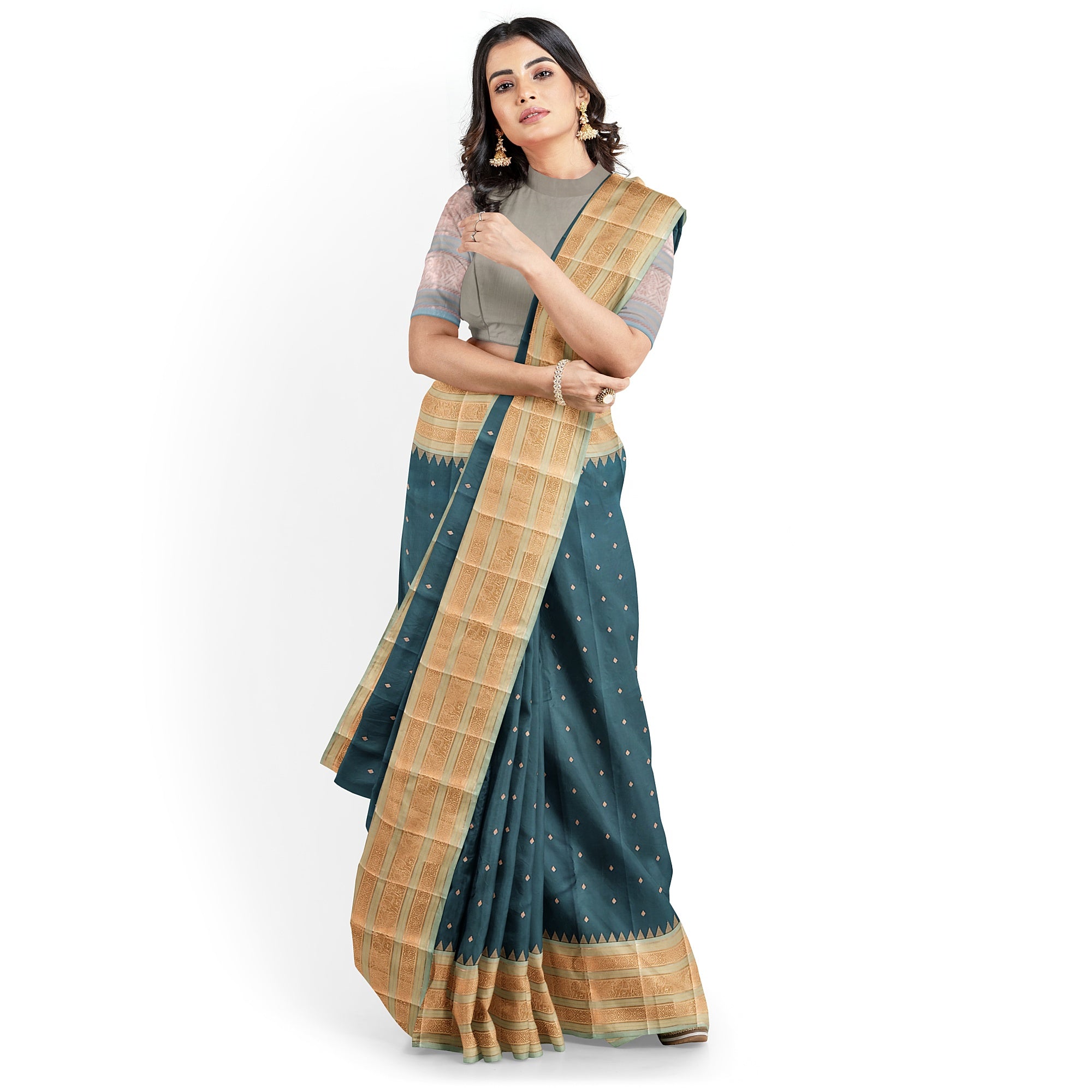 Rama Blue Kanjivaram Silk Saree with Elephant Zari Border – Regal Handloom Saree for Special Occasions Online - New Sudarshan Silks`