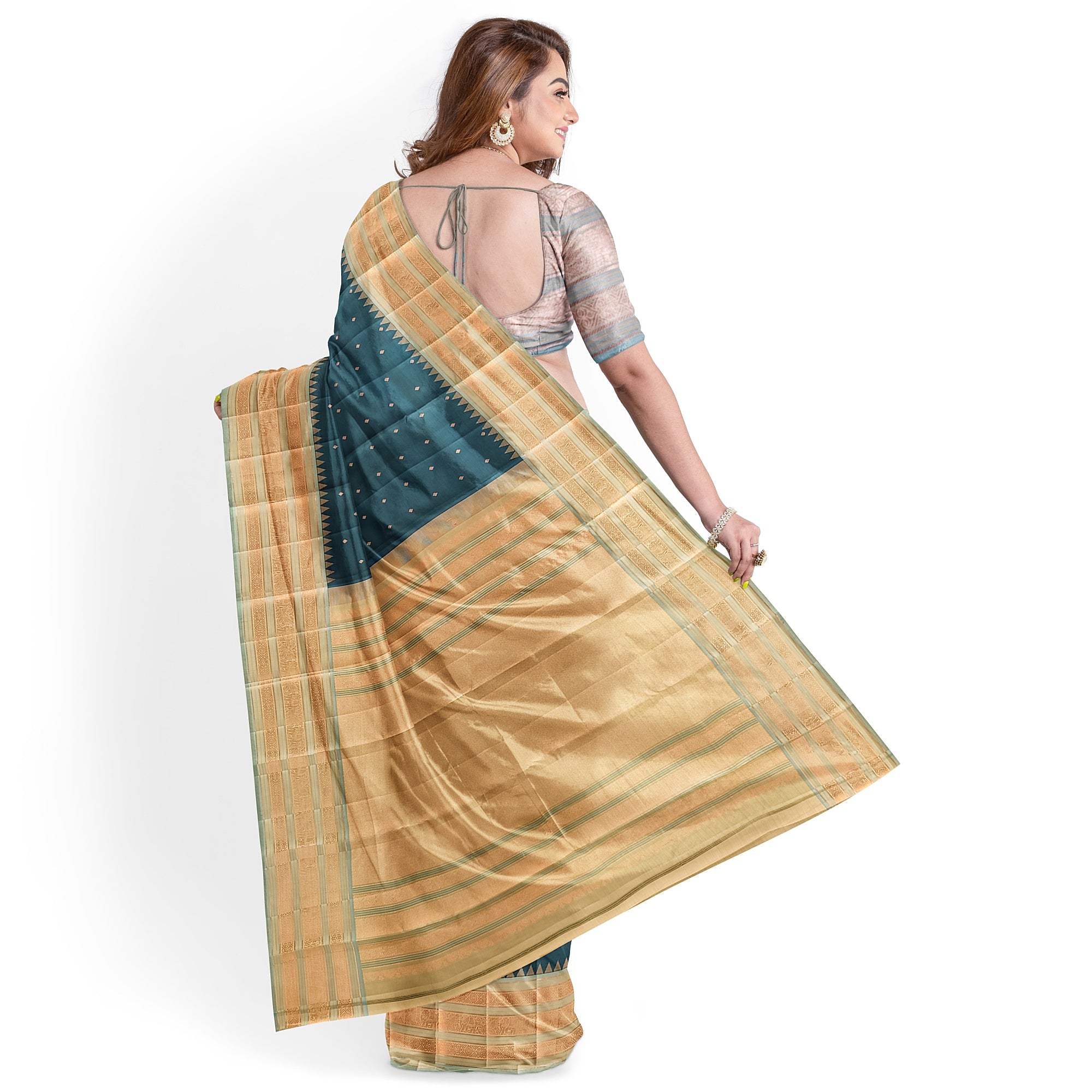 Rama Blue Kanjivaram Silk Saree with Elephant Zari Border – Regal Handloom Saree for Special Occasions Online - New Sudarshan Silks`