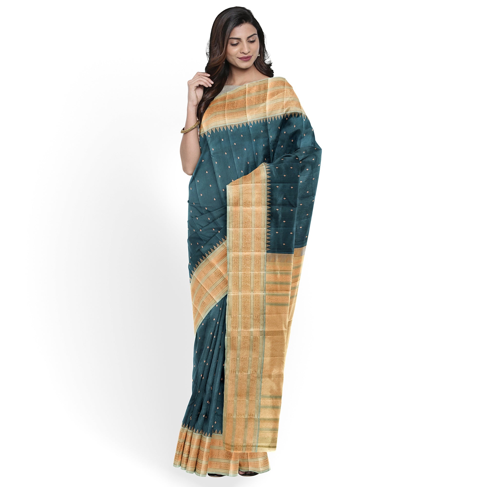 Rama Blue Kanjivaram Silk Saree with Elephant Zari Border – Regal Handloom Saree for Special Occasions Online - New Sudarshan Silks`