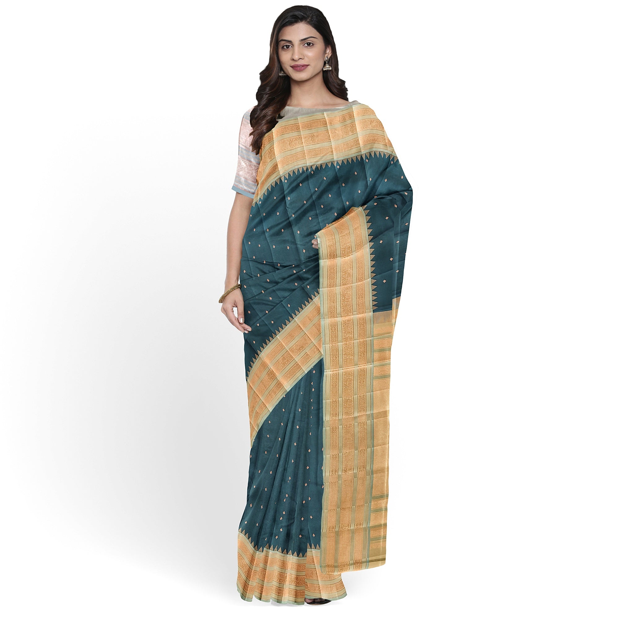 Rama Blue Kanjivaram Silk Saree with Elephant Zari Border – Regal Handloom Saree for Special Occasions Online - New Sudarshan Silks`
