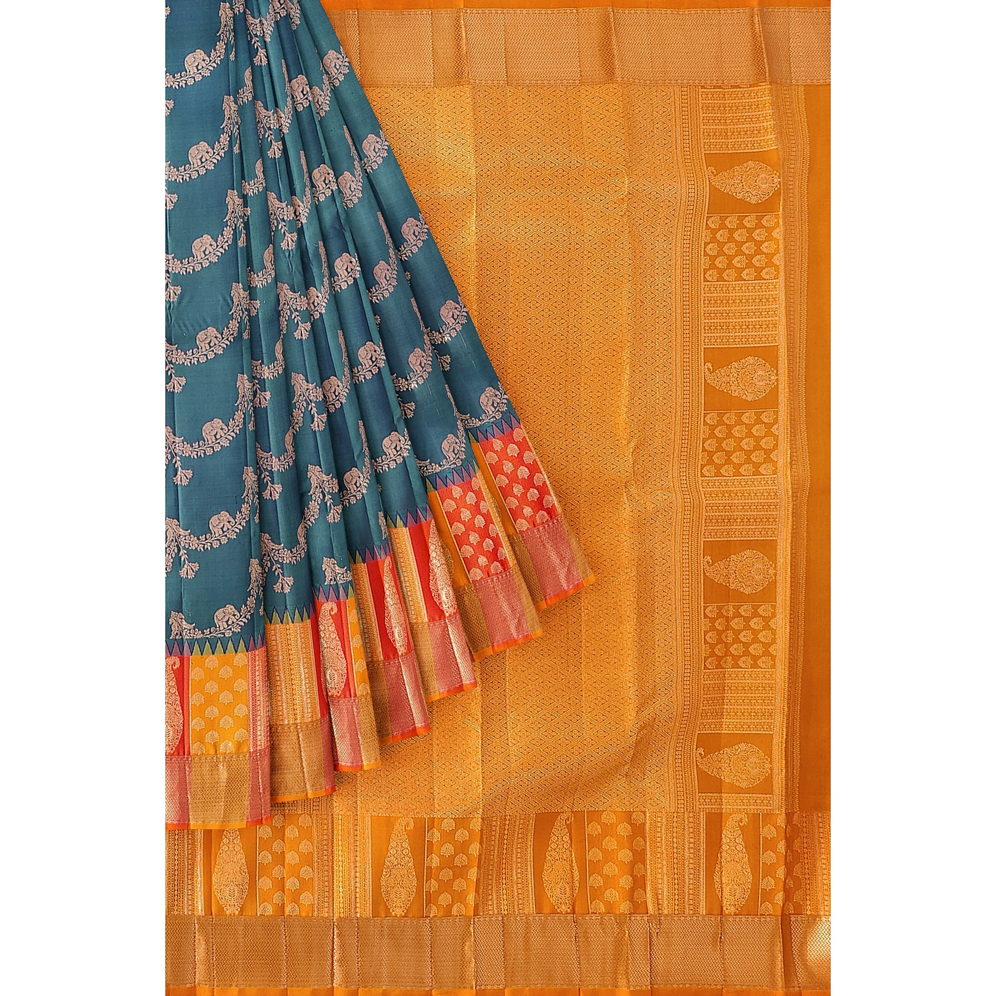 Double-Shade Peacock Blue Kanjivaram Silk Saree with Temple Designer Border – Traditional Bridal Silk Saree Online - New Sudarshan Silks`