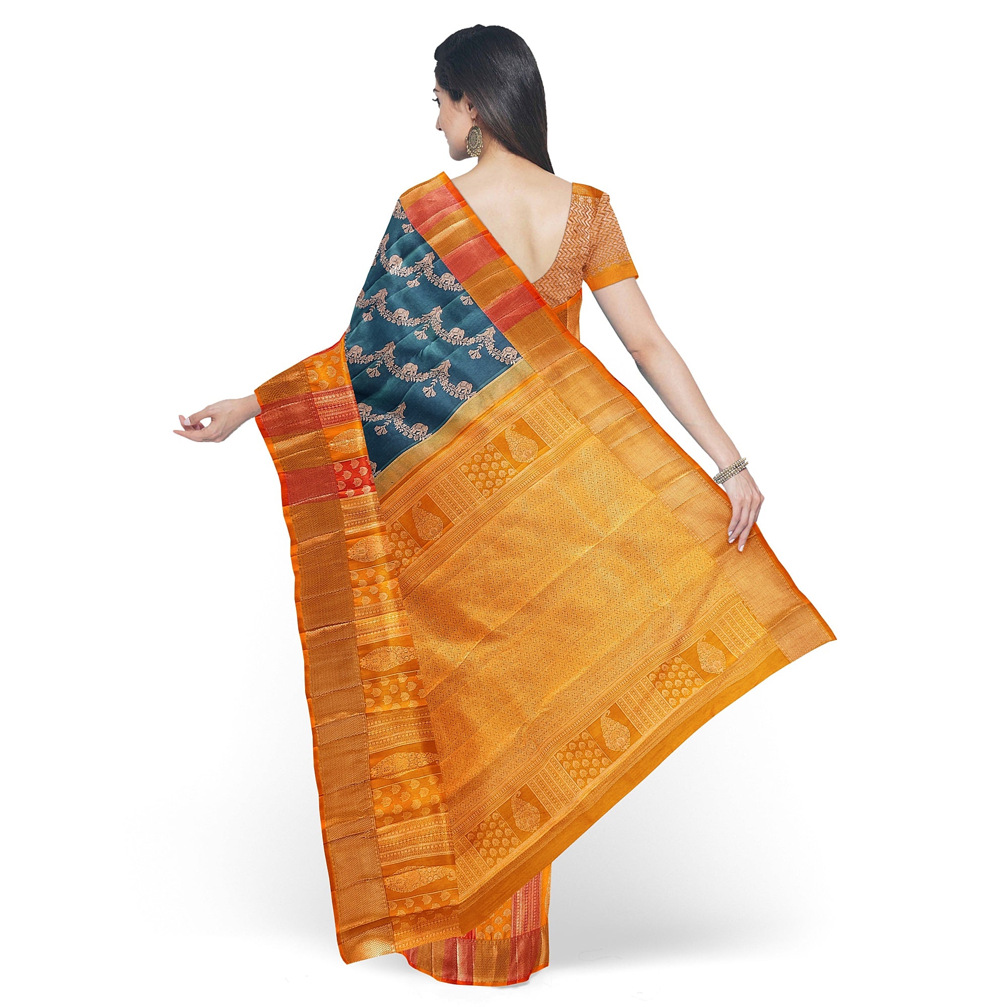 Double-Shade Peacock Blue Kanjivaram Silk Saree with Temple Designer Border – Traditional Bridal Silk Saree Online - New Sudarshan Silks`