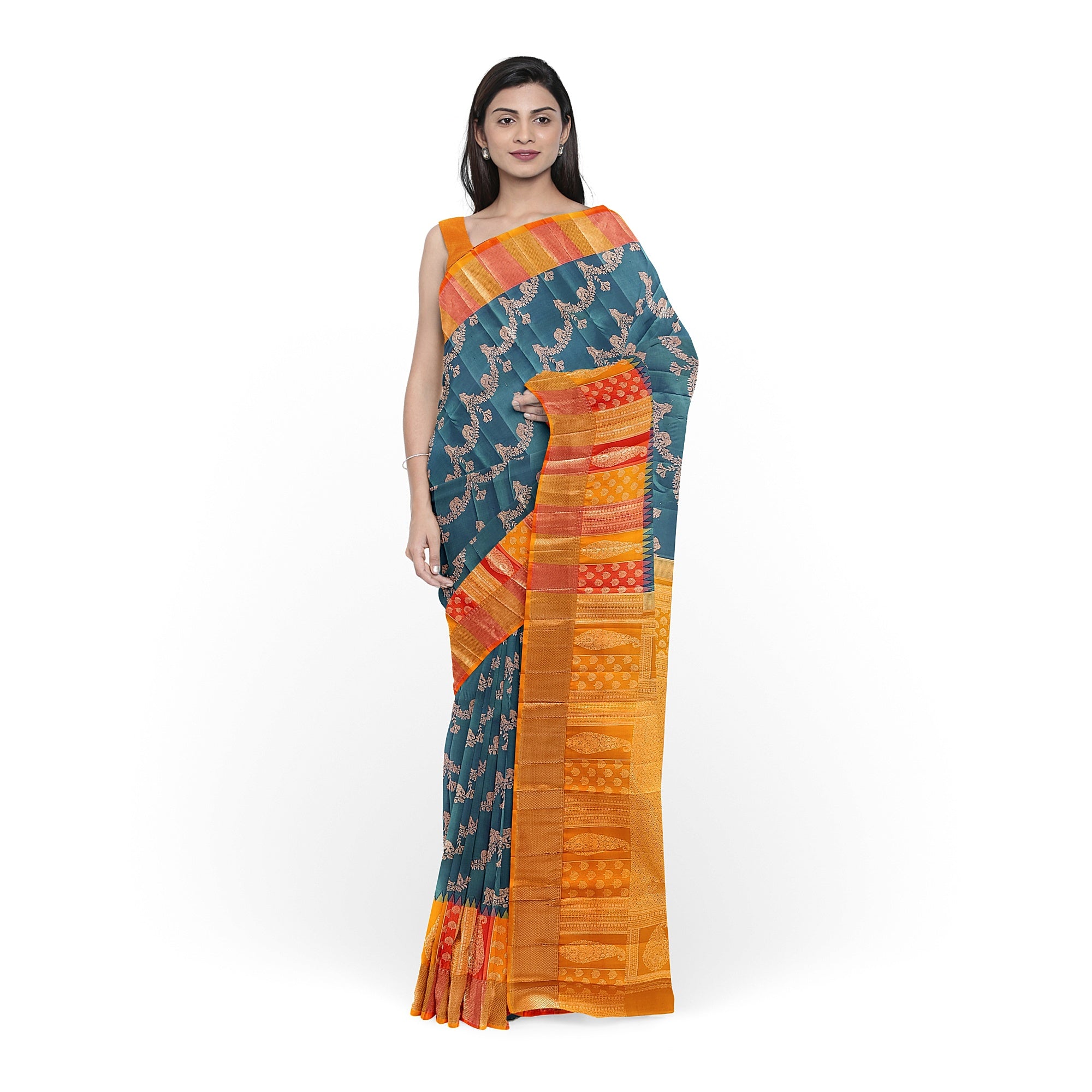 Double-Shade Peacock Blue Kanjivaram Silk Saree with Temple Designer Border – Traditional Bridal Silk Saree Online - New Sudarshan Silks`