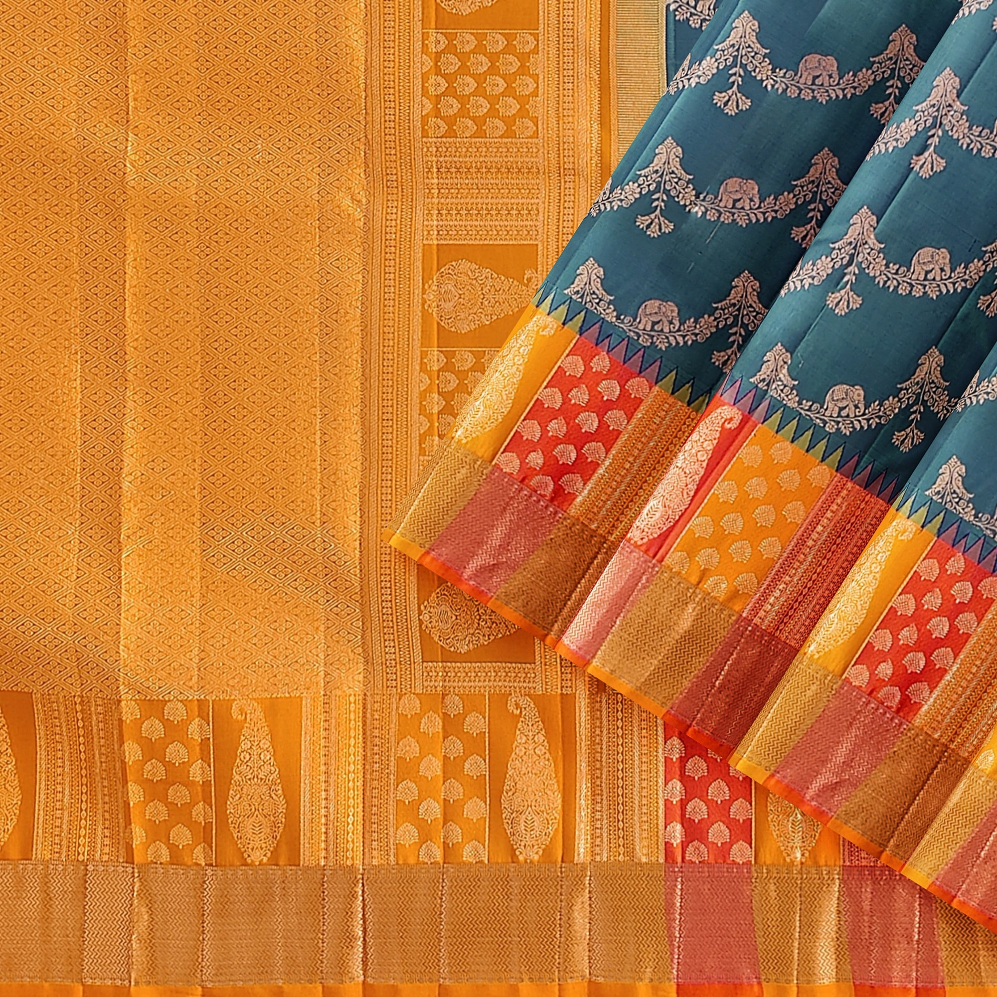 Double-Shade Peacock Blue Kanjivaram Silk Saree with Temple Designer Border – Traditional Bridal Silk Saree Online - New Sudarshan Silks`