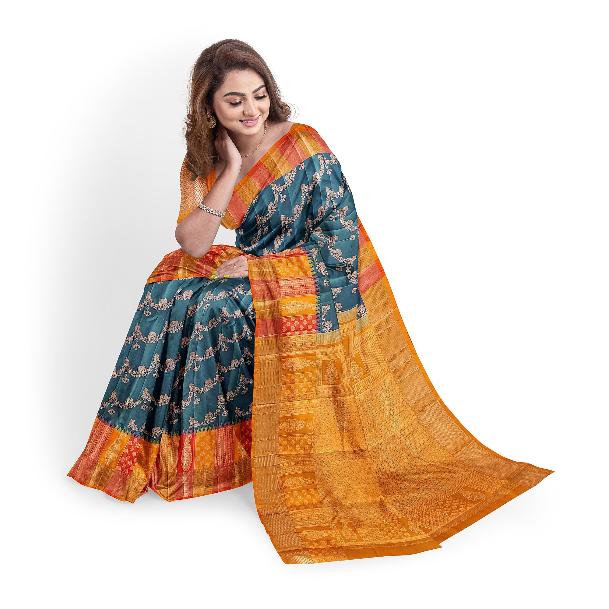 Double-Shade Peacock Blue Kanjivaram Silk Saree with Temple Designer Border – Traditional Bridal Silk Saree Online - New Sudarshan Silks`