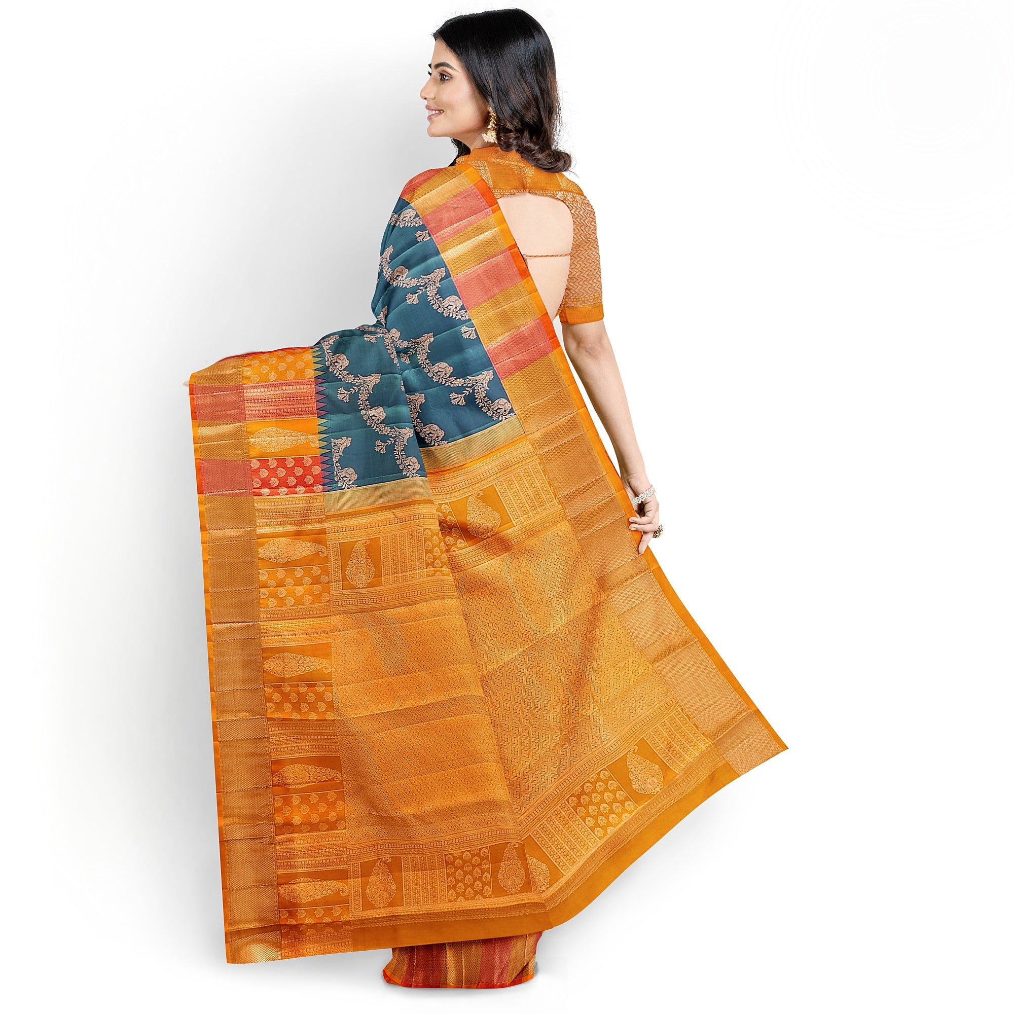 Double-Shade Peacock Blue Kanjivaram Silk Saree with Temple Designer Border – Traditional Bridal Silk Saree Online - New Sudarshan Silks`